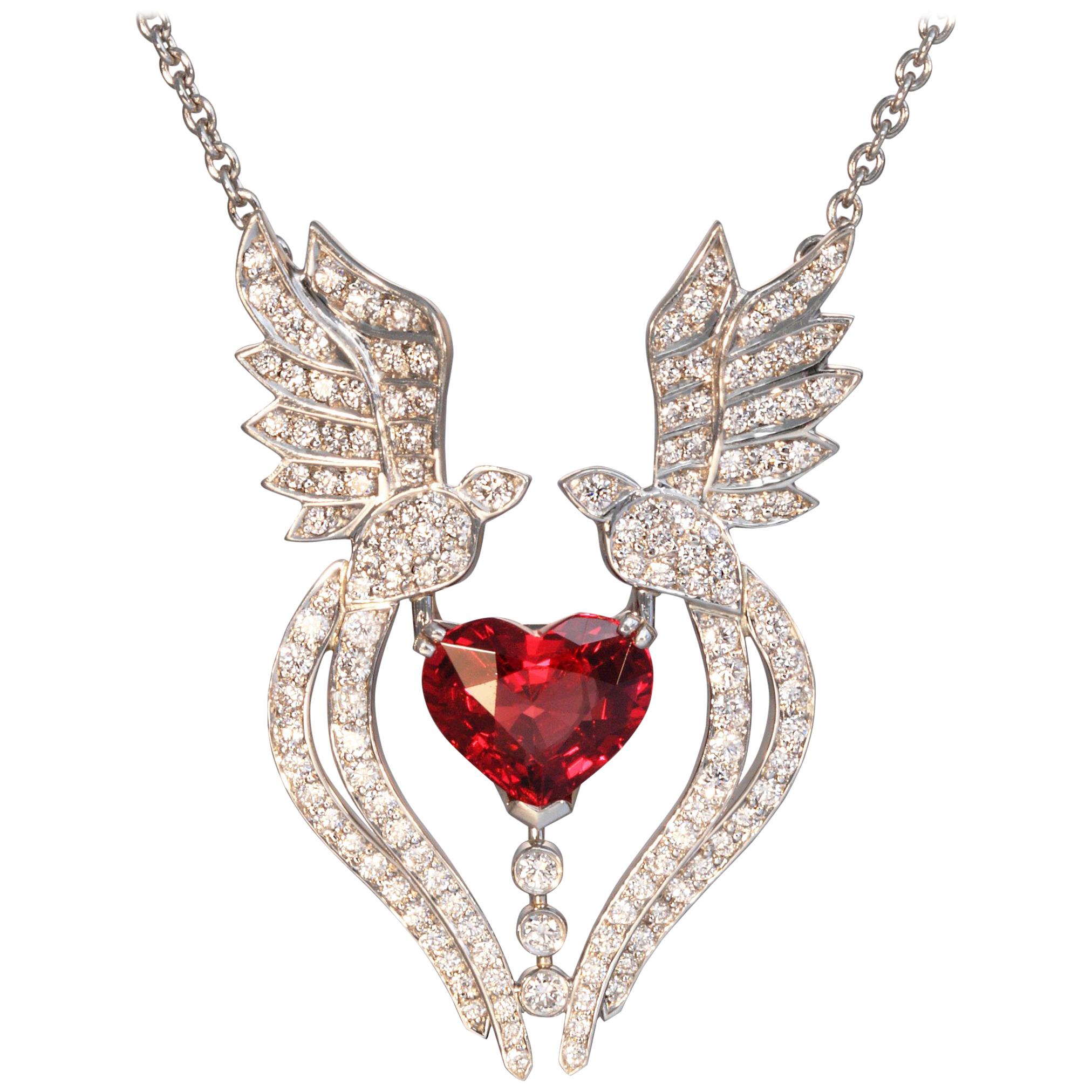 Robert Vogelsang 1.89 Carat Spinel Heart Diamond Platinum Pendant Necklace For Sale