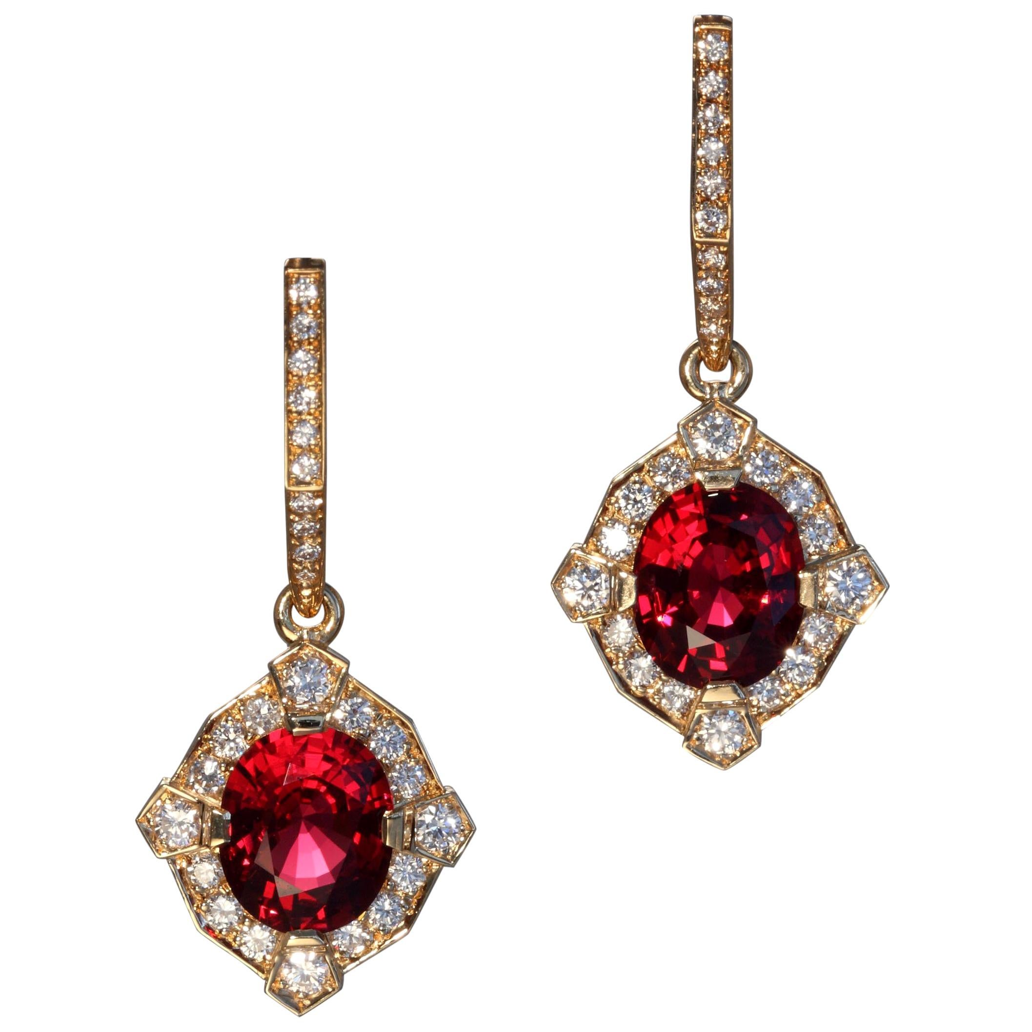 Robert Vogelsang 3.33 Carat Red Spinel Diamond Rose Gold Dangling Earrings For Sale