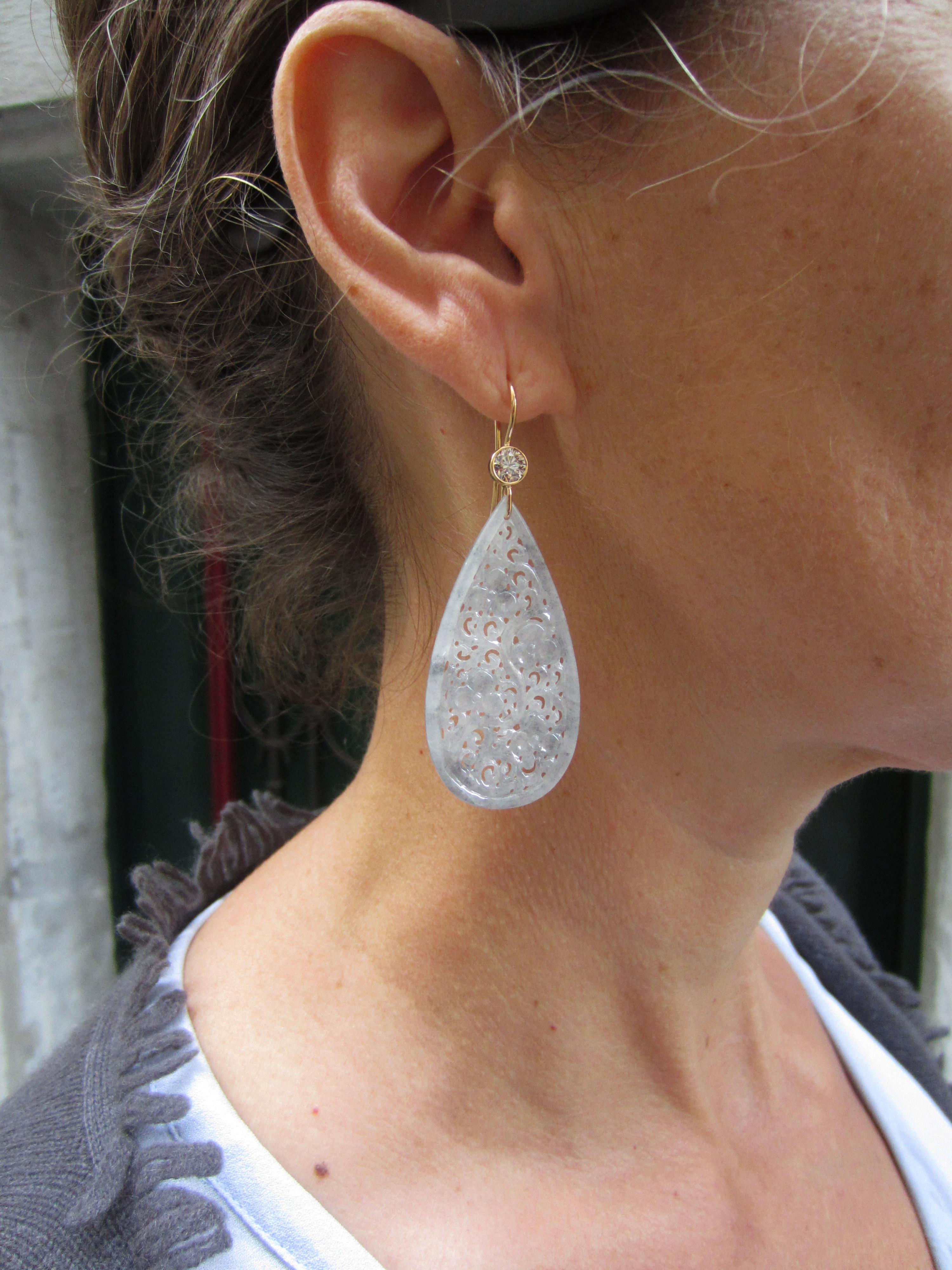 Women's Robert Vogelsang 37.90 Carat Jade Drop and Diamond Rose Gold Dangling Earrings For Sale