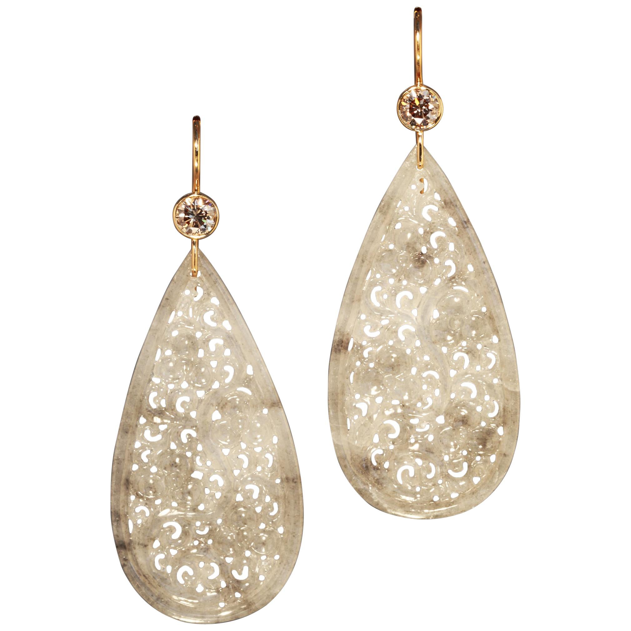 Robert Vogelsang 37.90 Carat Jade Drop and Diamond Rose Gold Dangling Earrings For Sale