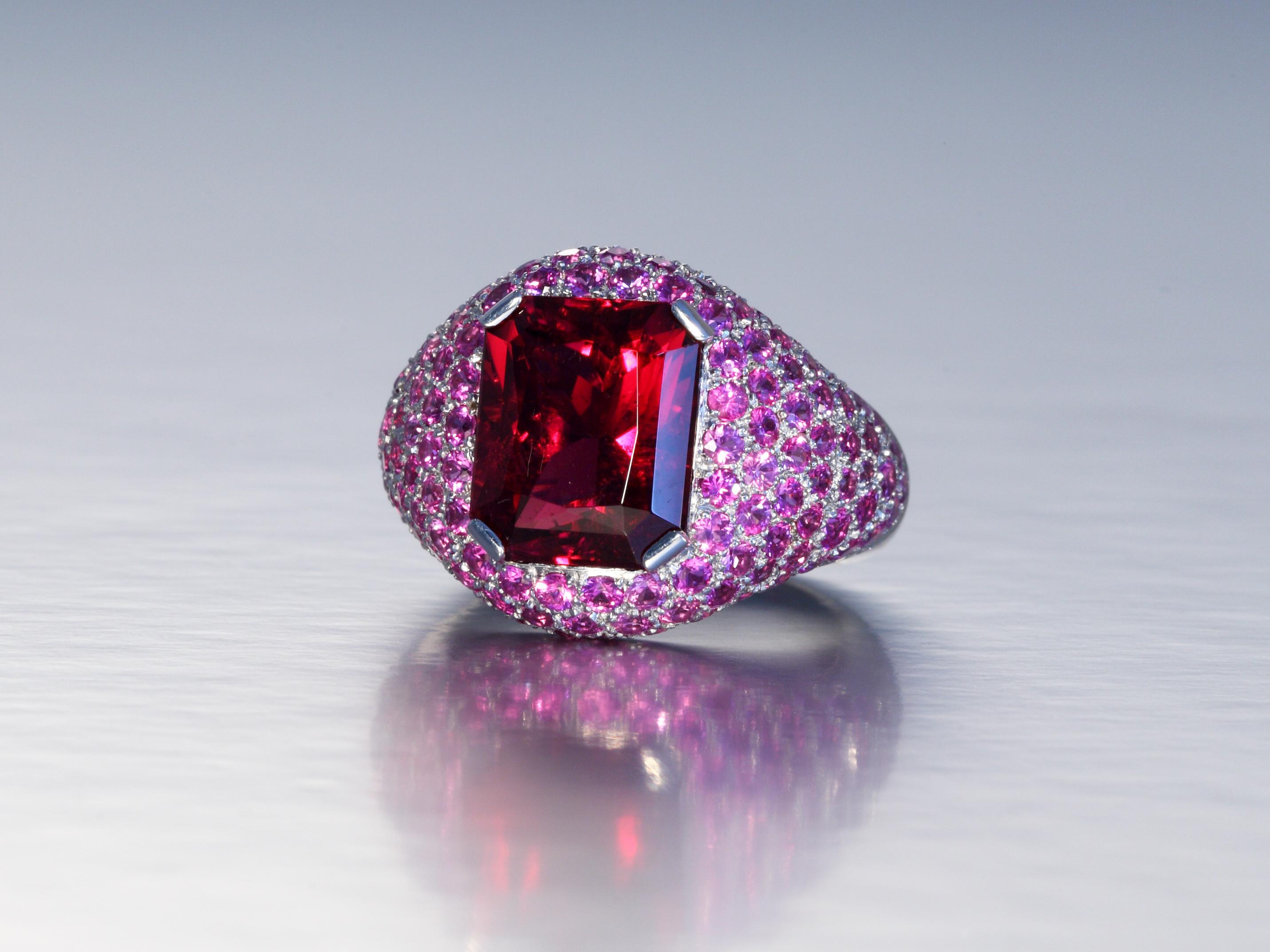 Robert Vogelsang 5.91 Carat Rubelite Tourmaline Pink Sapphire Platinum Ring For Sale 1