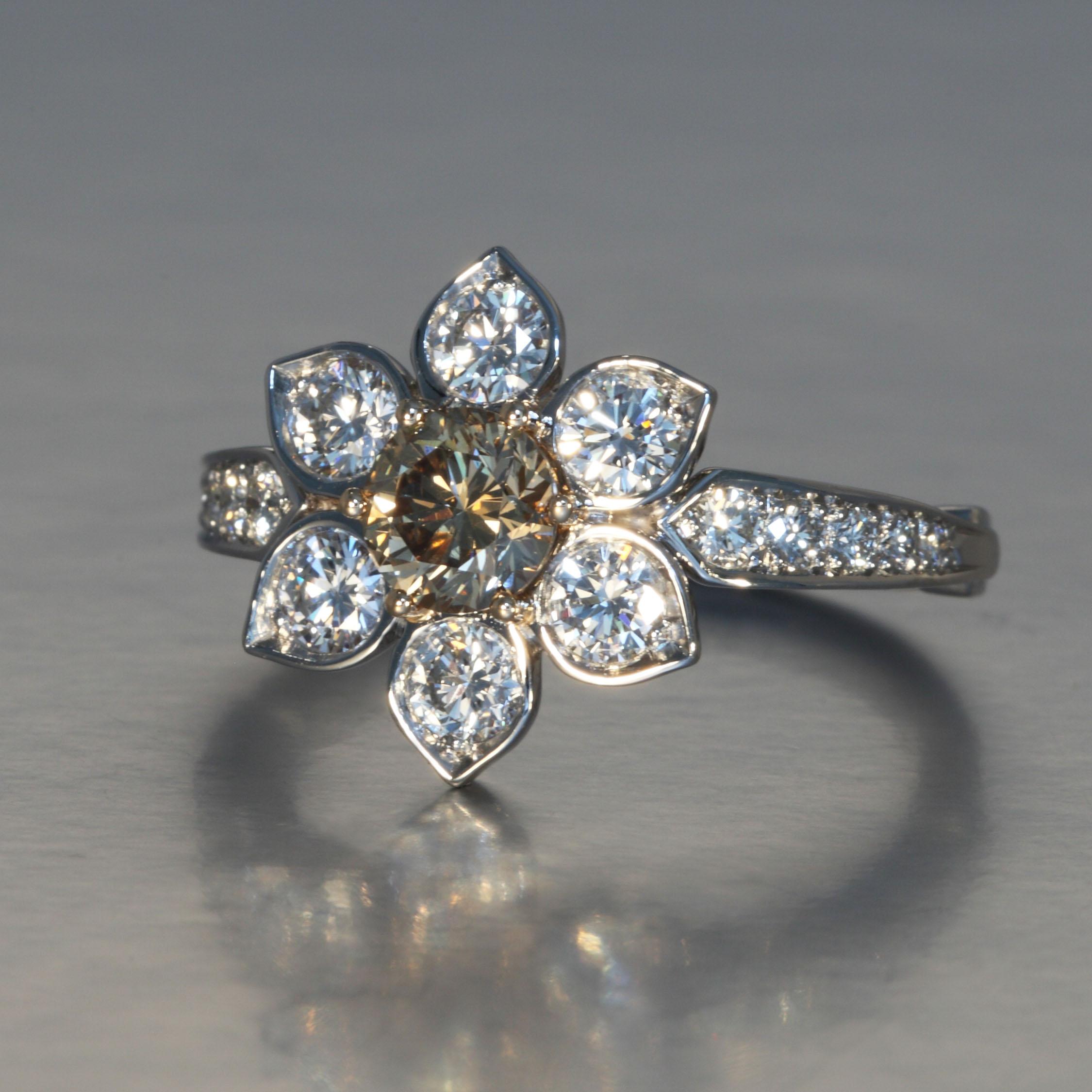 Contemporary Robert Vogelsang Fancy Brown 0.63 Carat Diamond Flower Platinum Engagement Ring For Sale