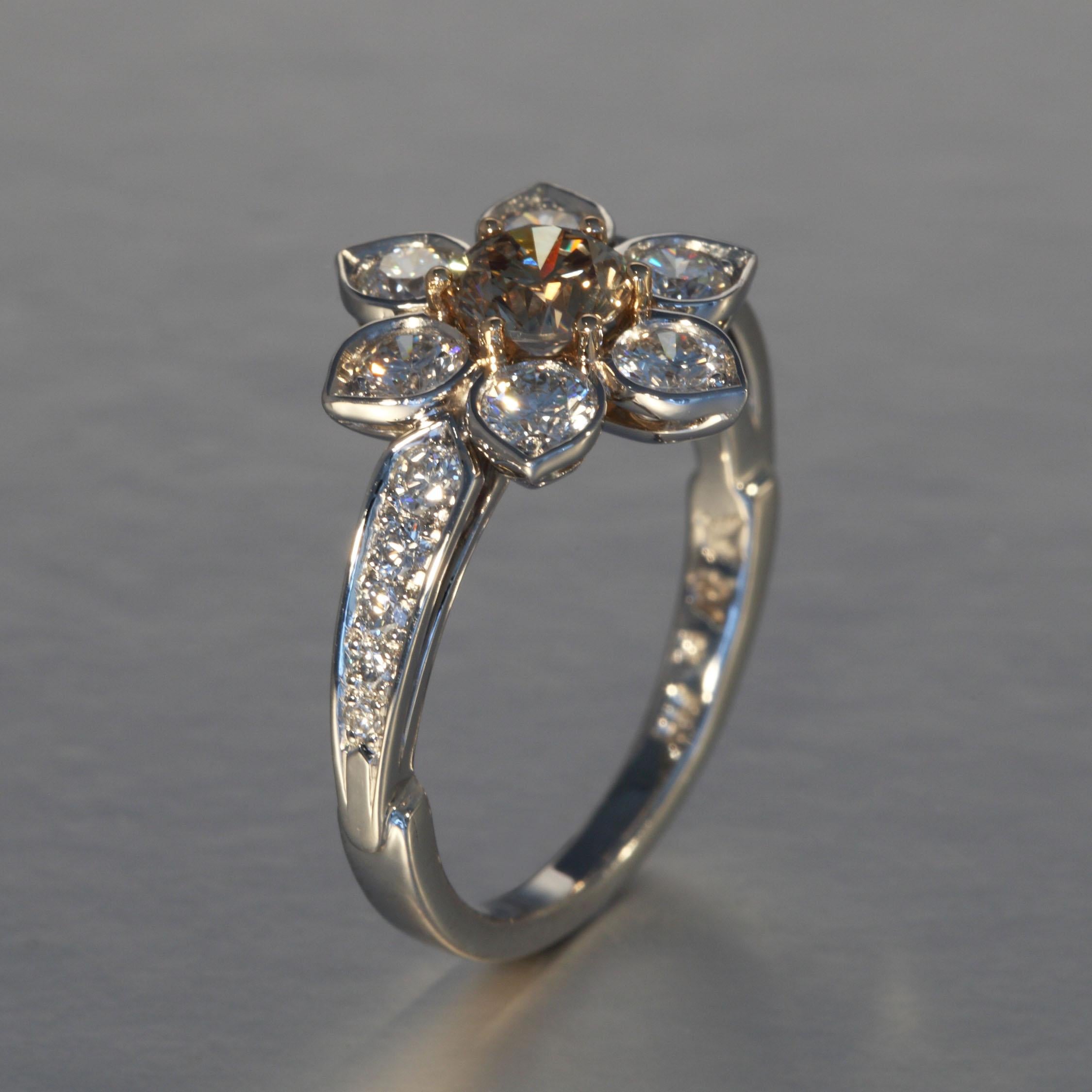 Round Cut Robert Vogelsang Fancy Brown 0.63 Carat Diamond Flower Platinum Engagement Ring For Sale