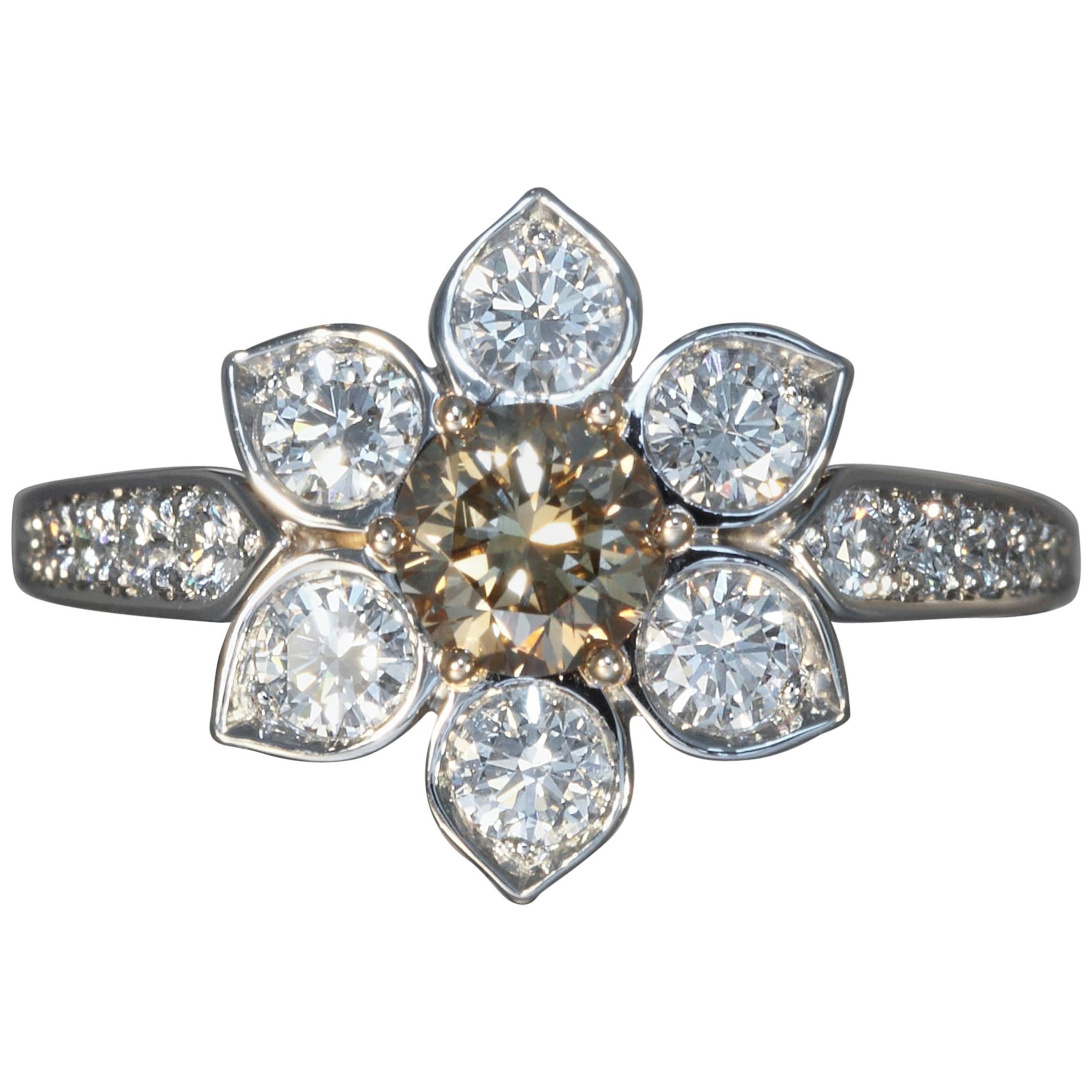 Robert Vogelsang Fancy Brown 0.63 Carat Diamond Flower Platinum Engagement Ring For Sale