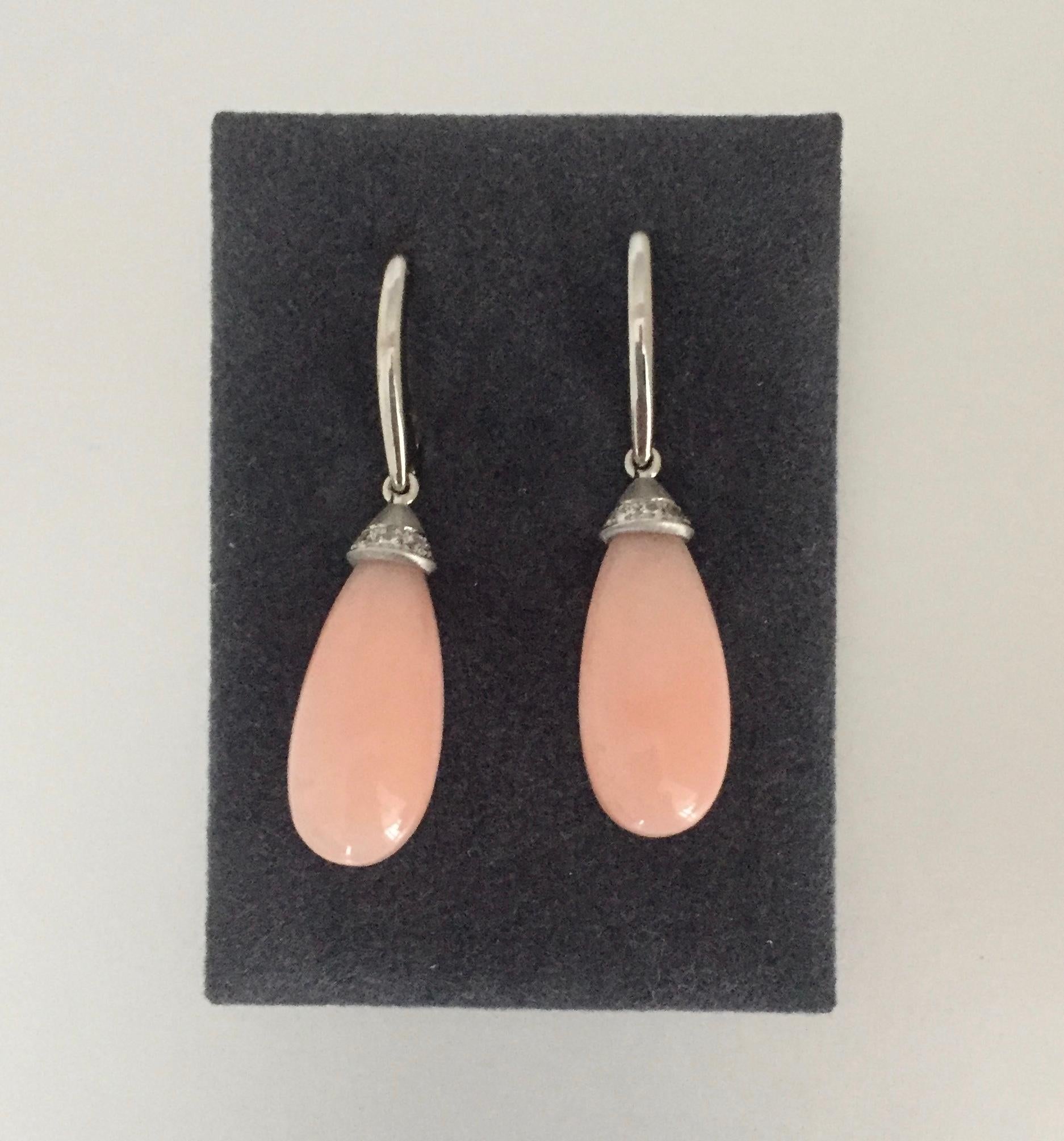 Contemporary Robert Vogelsang Pink Coral Drop and Diamond Platinum Dangling Earrings For Sale