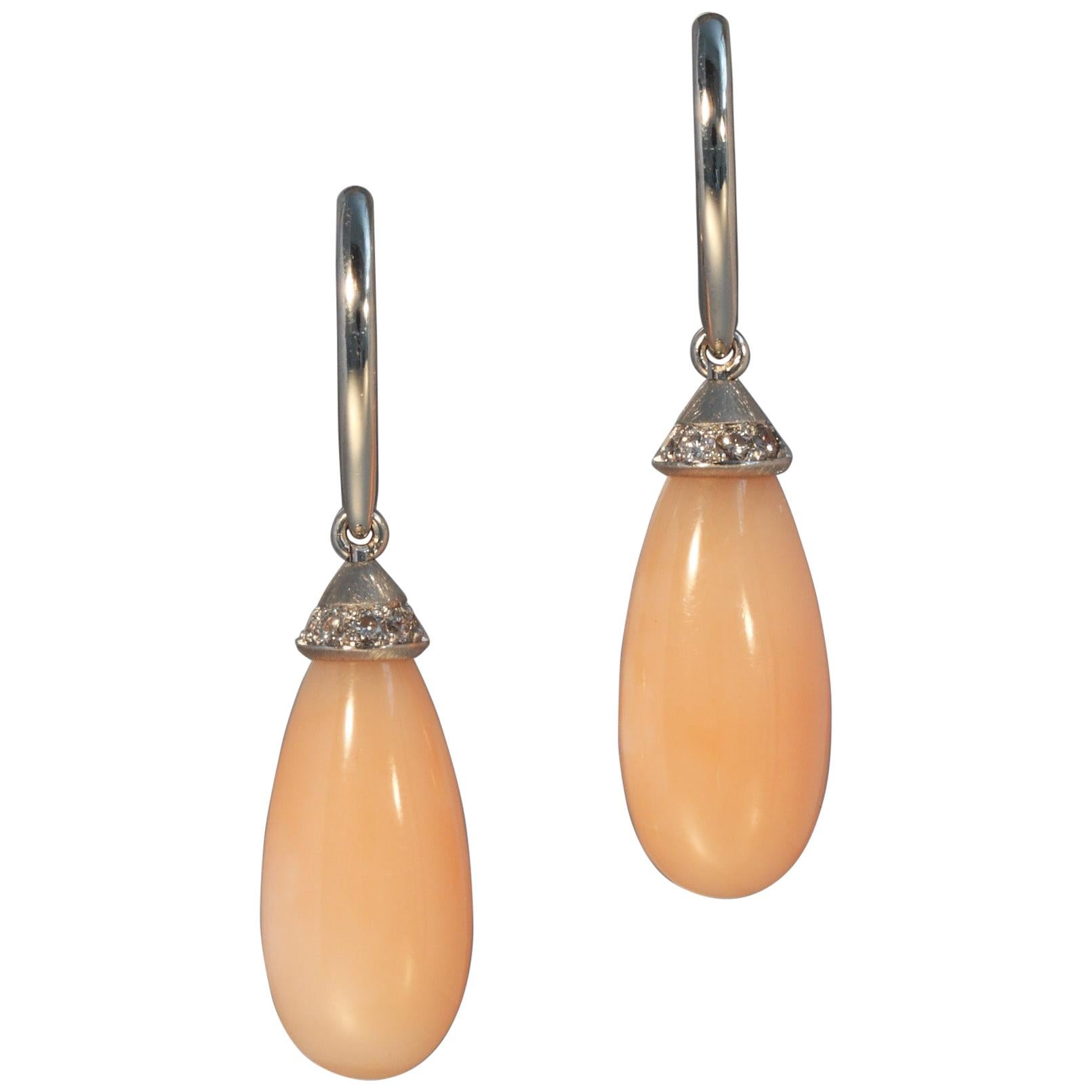 Robert Vogelsang Pink Coral Drop and Diamond Platinum Dangling Earrings For Sale