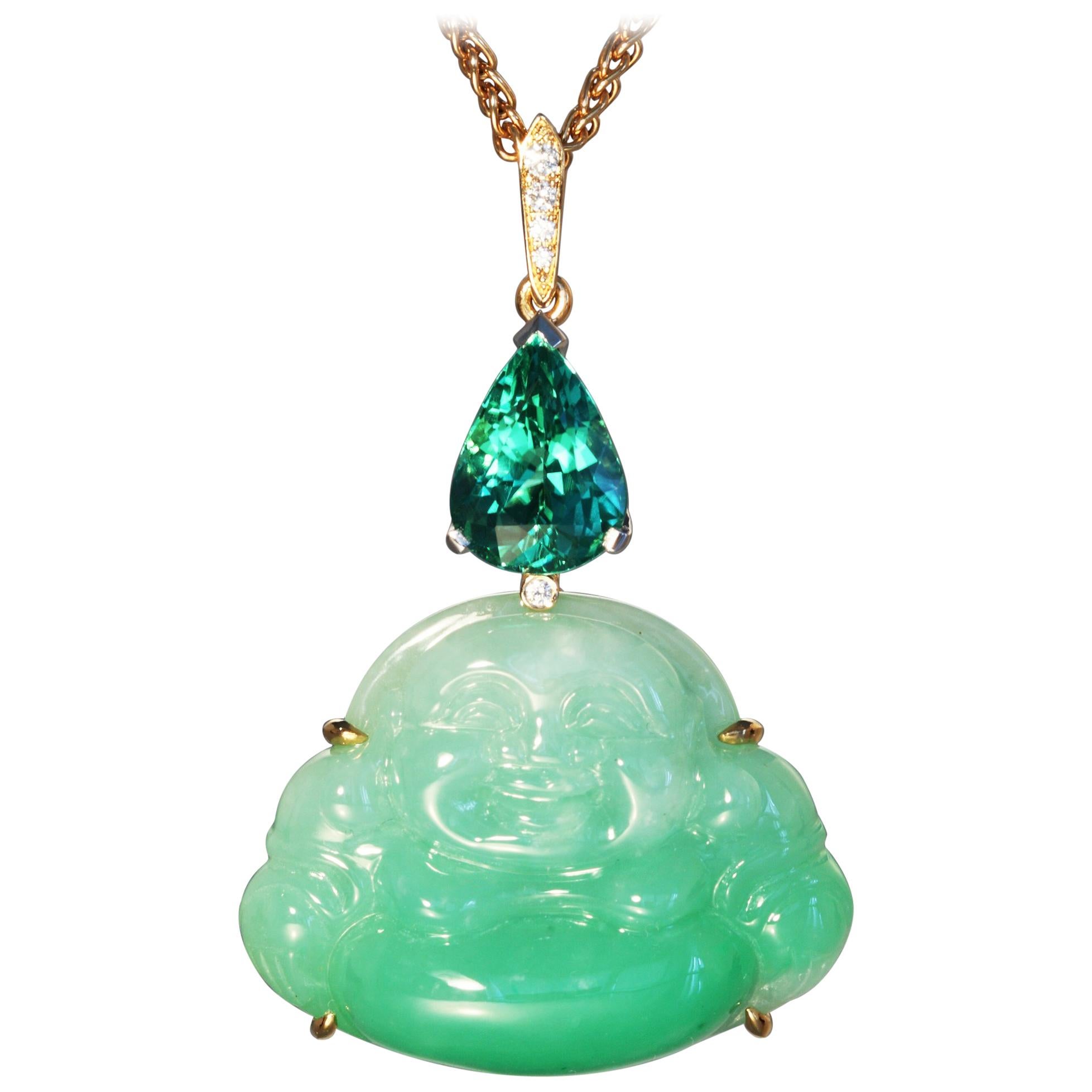 Robert Vogelsang Tourmaline Drop Jade Buddha Diamond Rose Gold Pendant Necklace For Sale