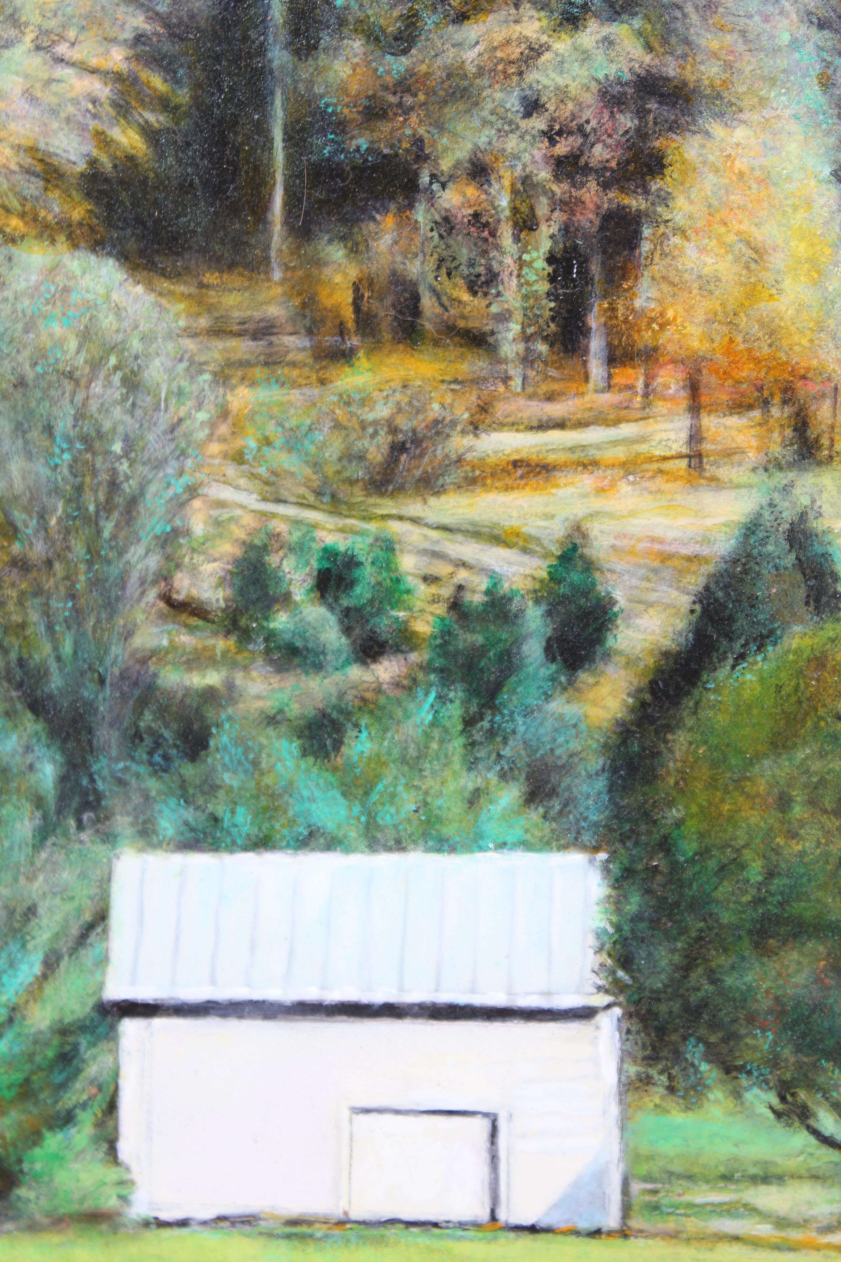 utumn Naturalistic Landscape with a Cabin (Grau), Landscape Painting, von Robert W. Boyle