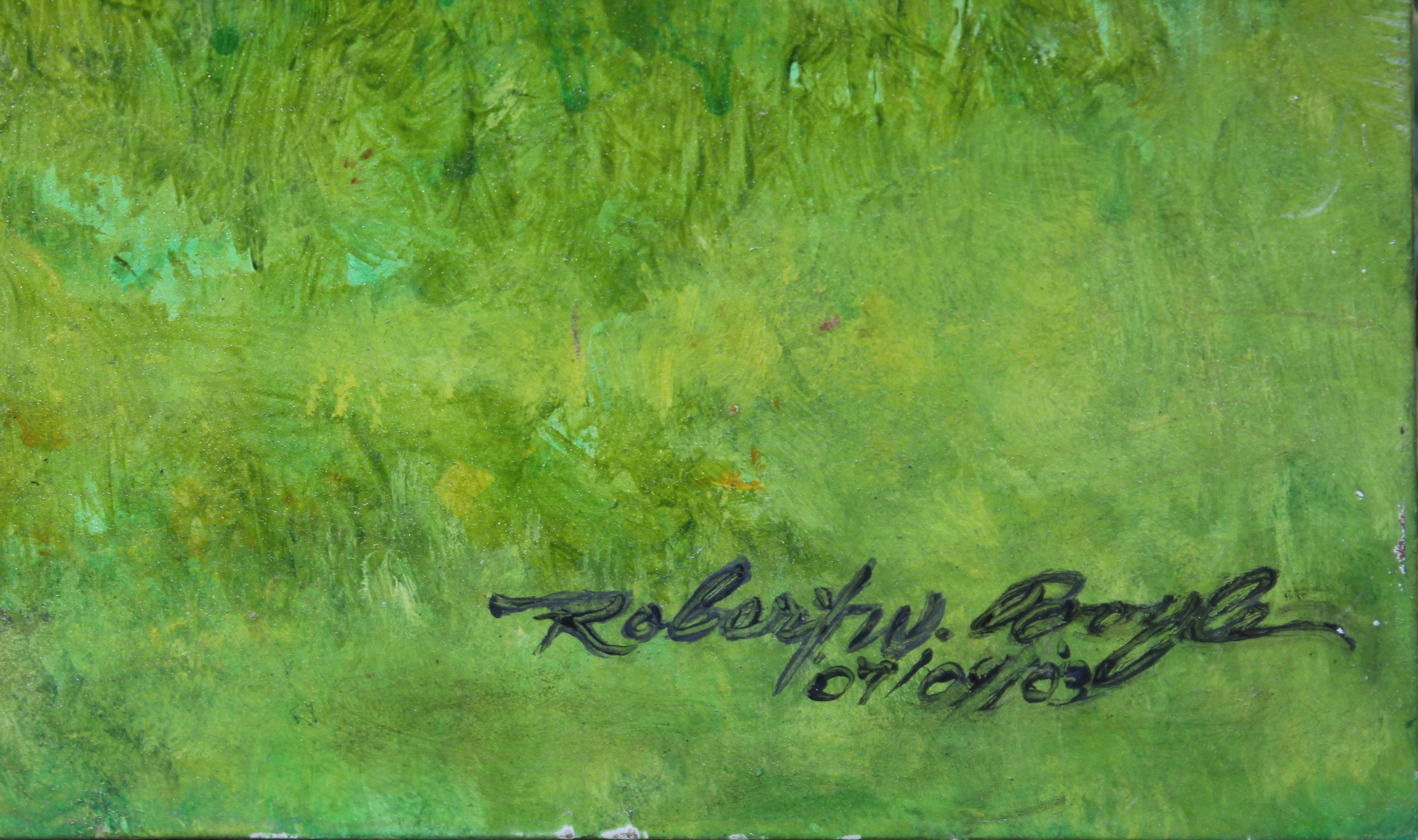 Impressionistische Landschaft einer Waldhütte im Herbst, wenn sich die Blätter verfärben, vom Künstler Robert W. Boyle. Gemälde in Öl auf Leinwand, datiert 2003. Signiert und datiert in der rechten unteren Ecke.

Biografie des Künstlers:
Robert W.