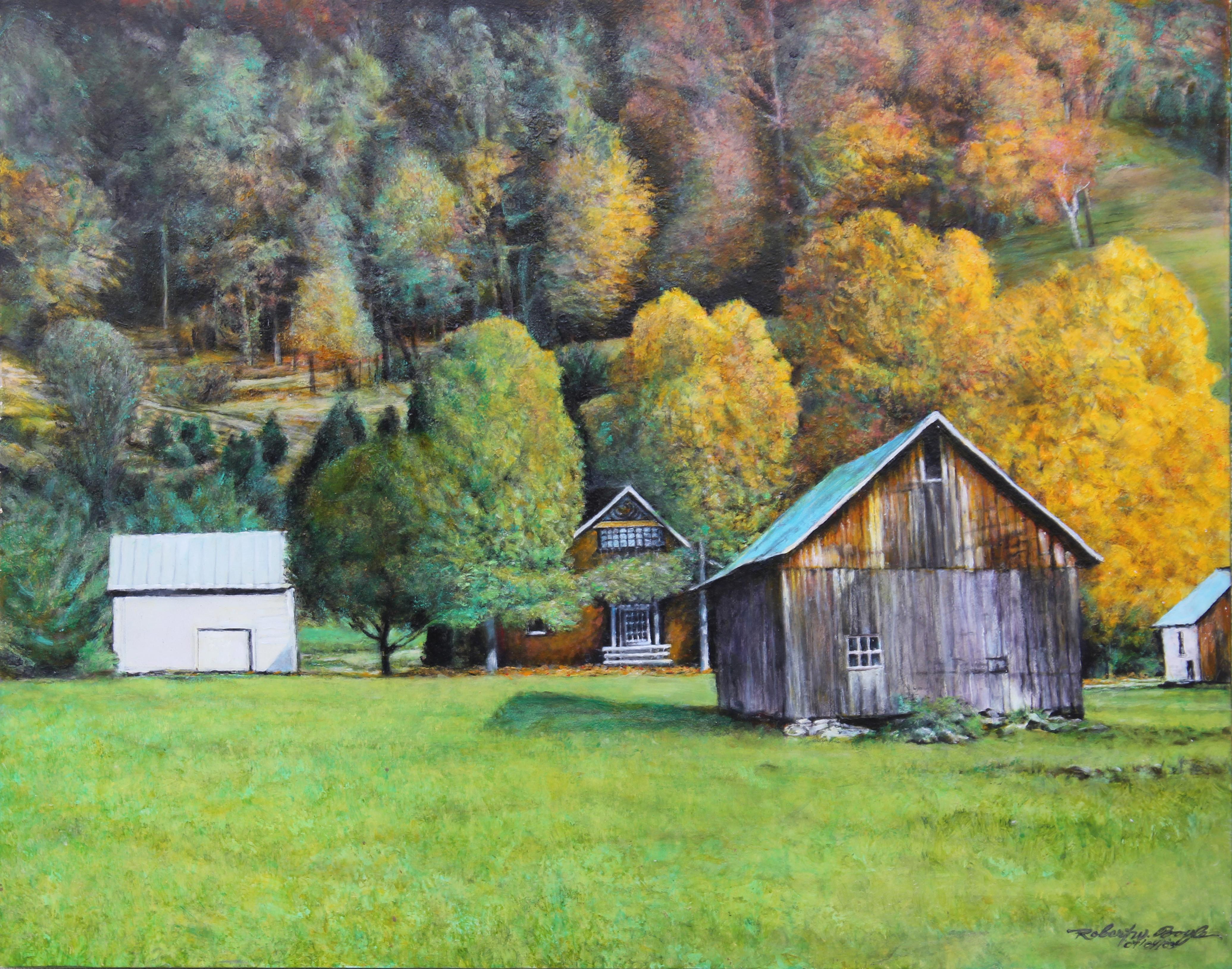 Landscape Painting de Robert W. Boyle - Paisaje otoñal naturalista con una cabaña