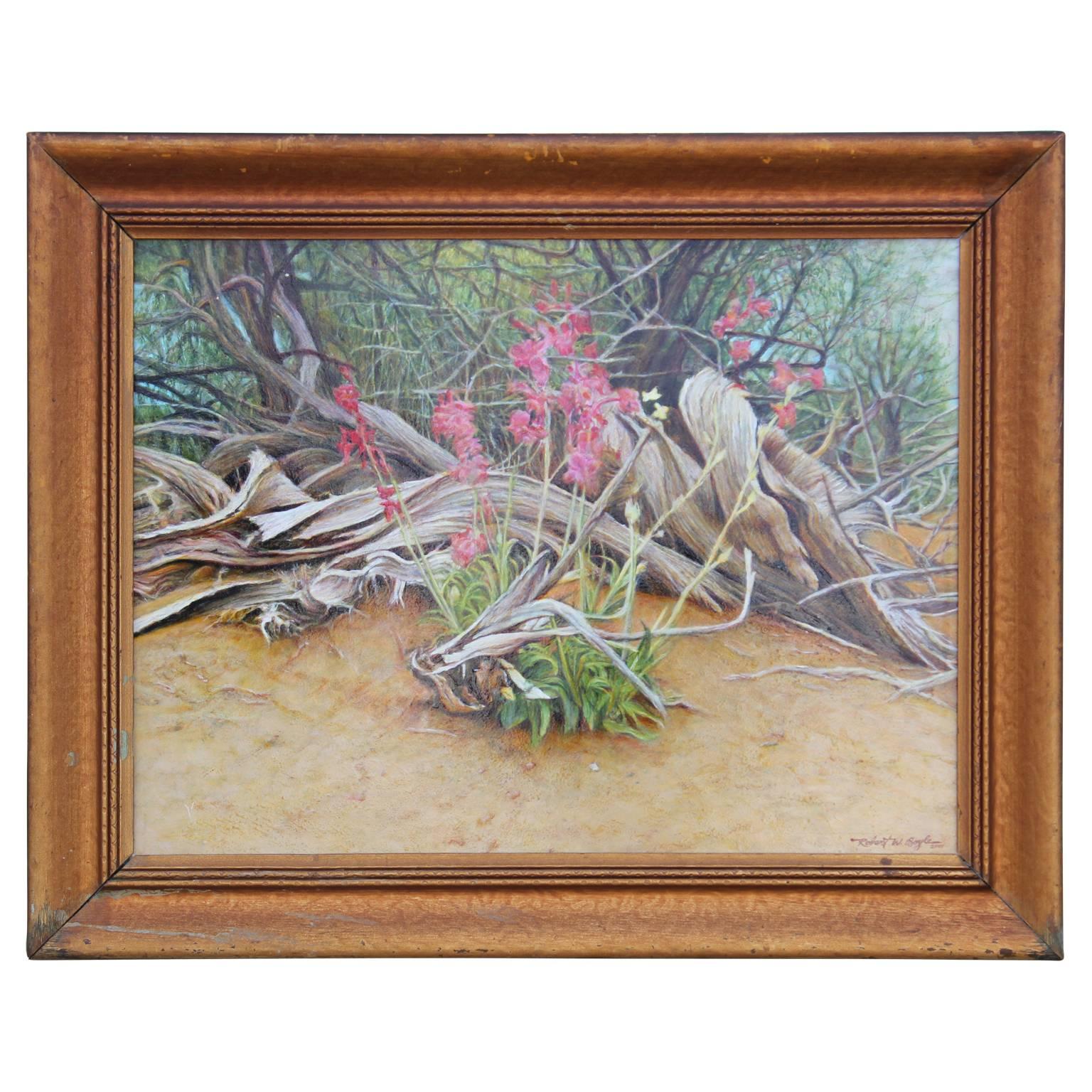 Robert W. Boyle Landscape Painting - Dried Desert Brush with Pink Flowers Realist Painting
