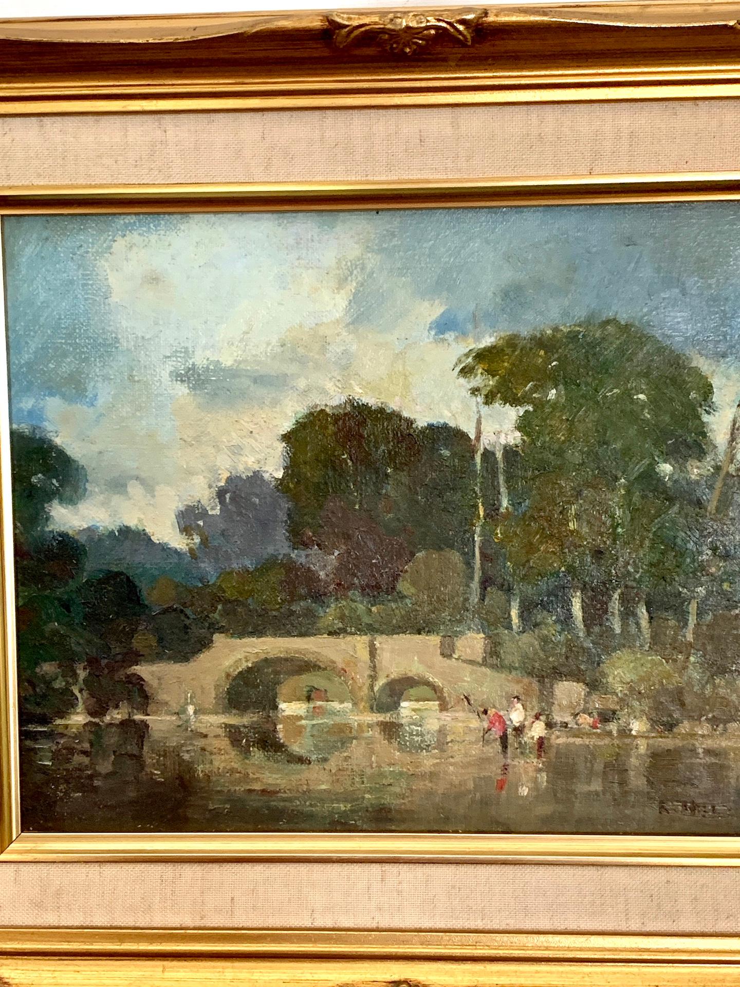 20th Century Modern British Landscape with fisherman, bridge, trees,  - Painting by Robert W Hill