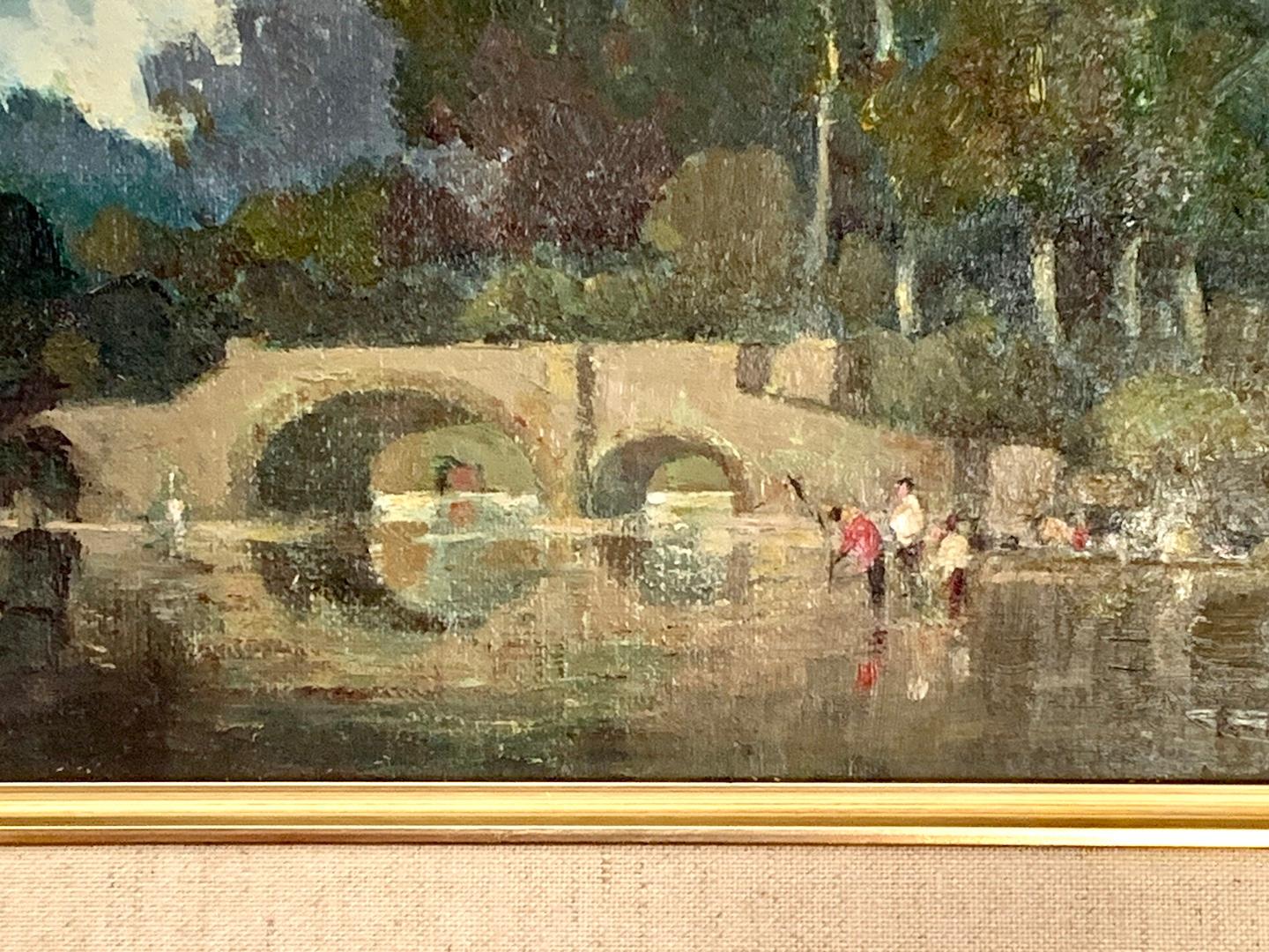 20th Century Modern British Landscape with fisherman, bridge, trees,  For Sale 1