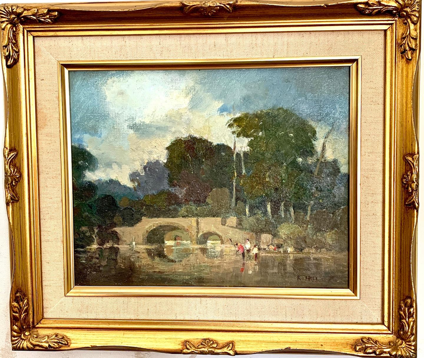 Robert W Hill Figurative Painting - 20th Century Modern British Landscape with fisherman, bridge, trees, 