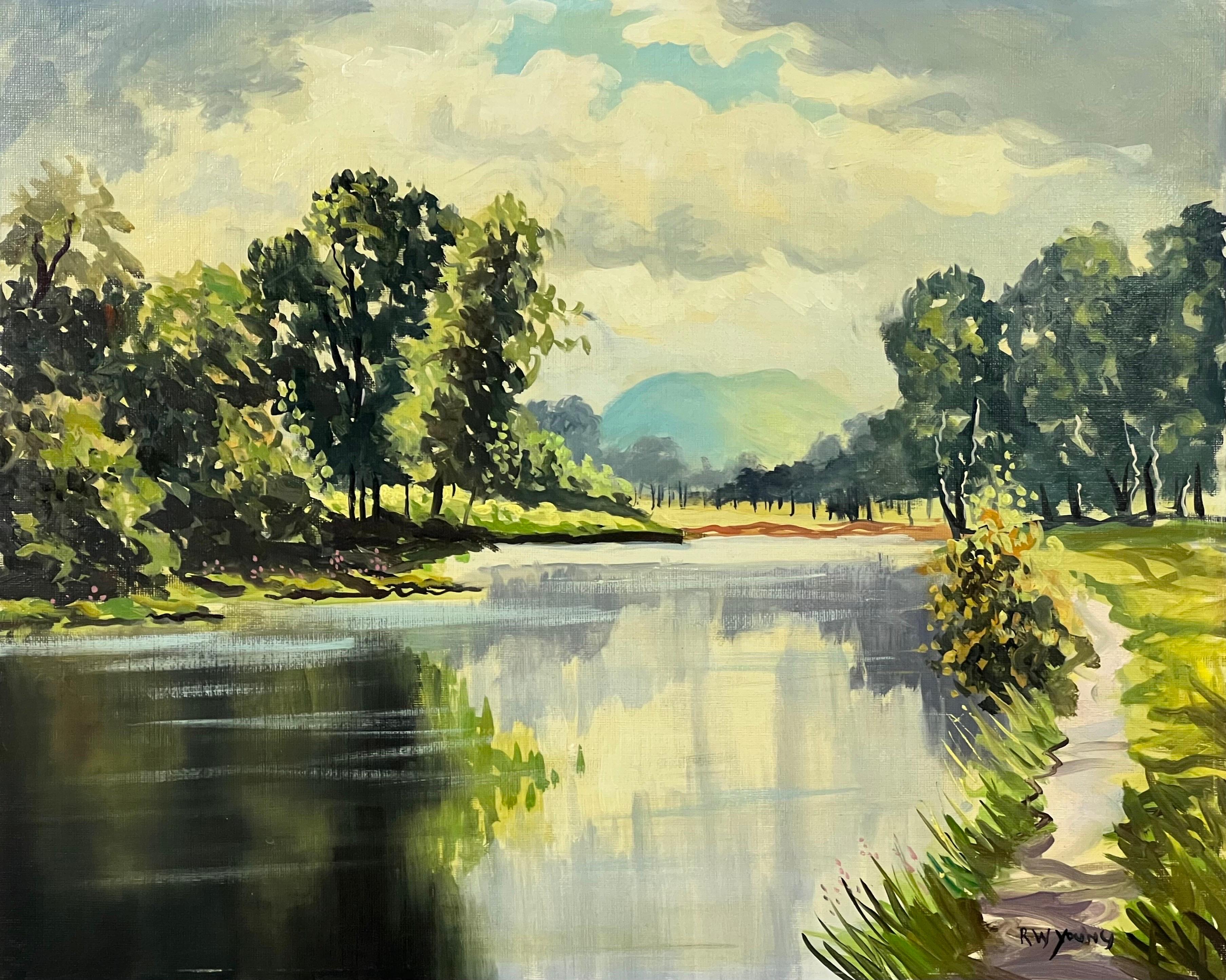 Landscape Art Robert W Young  - Paysage de rivière verte luxuriante avec ciel bleu dans le County Antrim en Irlande du Nord
