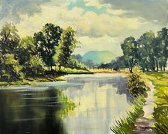 Üppige grüne Flusslandschaft mit blauem Himmel im County Antrim in Nordirland