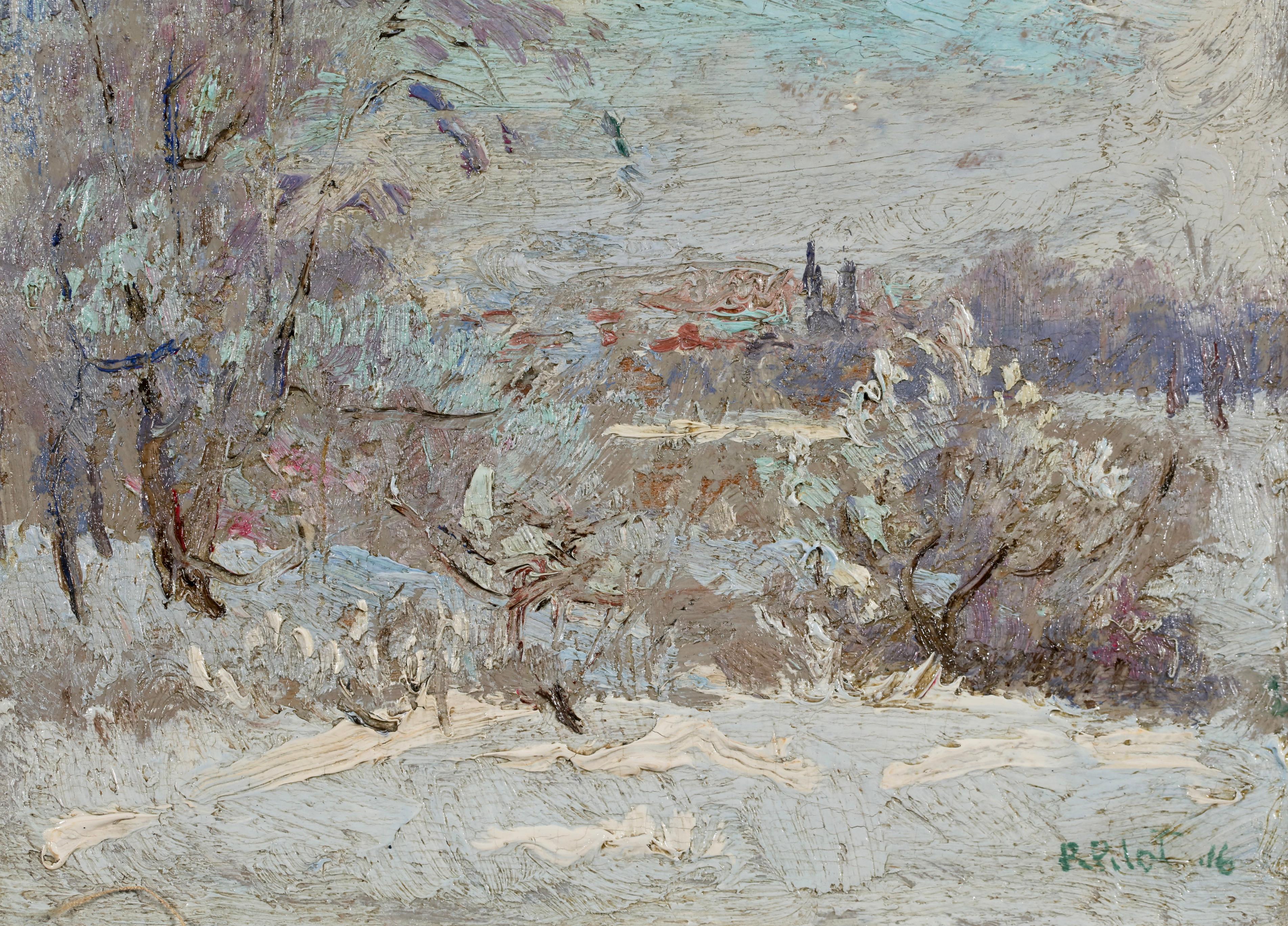 Sonniger Wintermorgen - Impressionistische Landschaft Öl von Robert Wakeham Pilot im Angebot 3