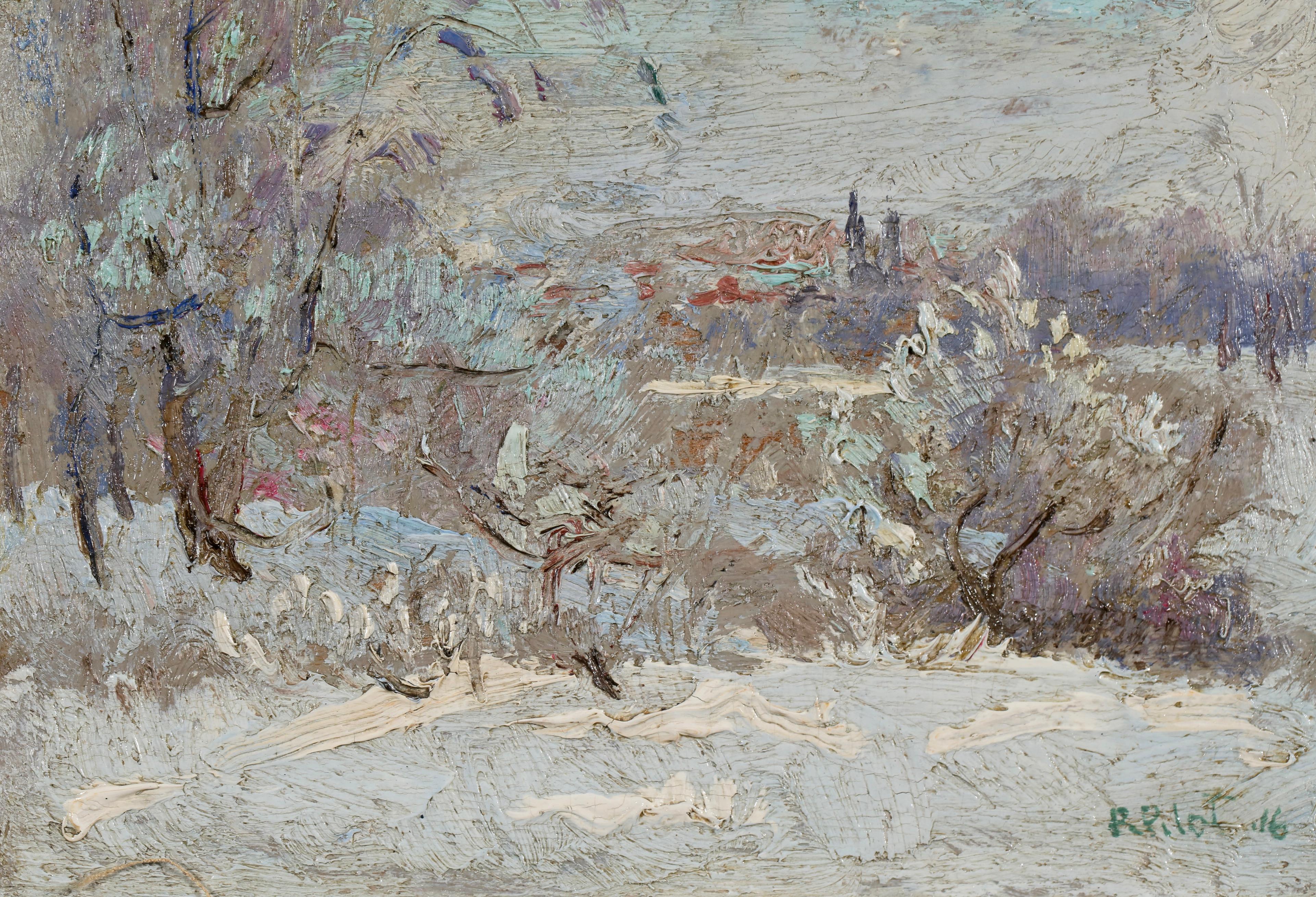 Sonniger Wintermorgen - Impressionistische Landschaft Öl von Robert Wakeham Pilot im Angebot 4