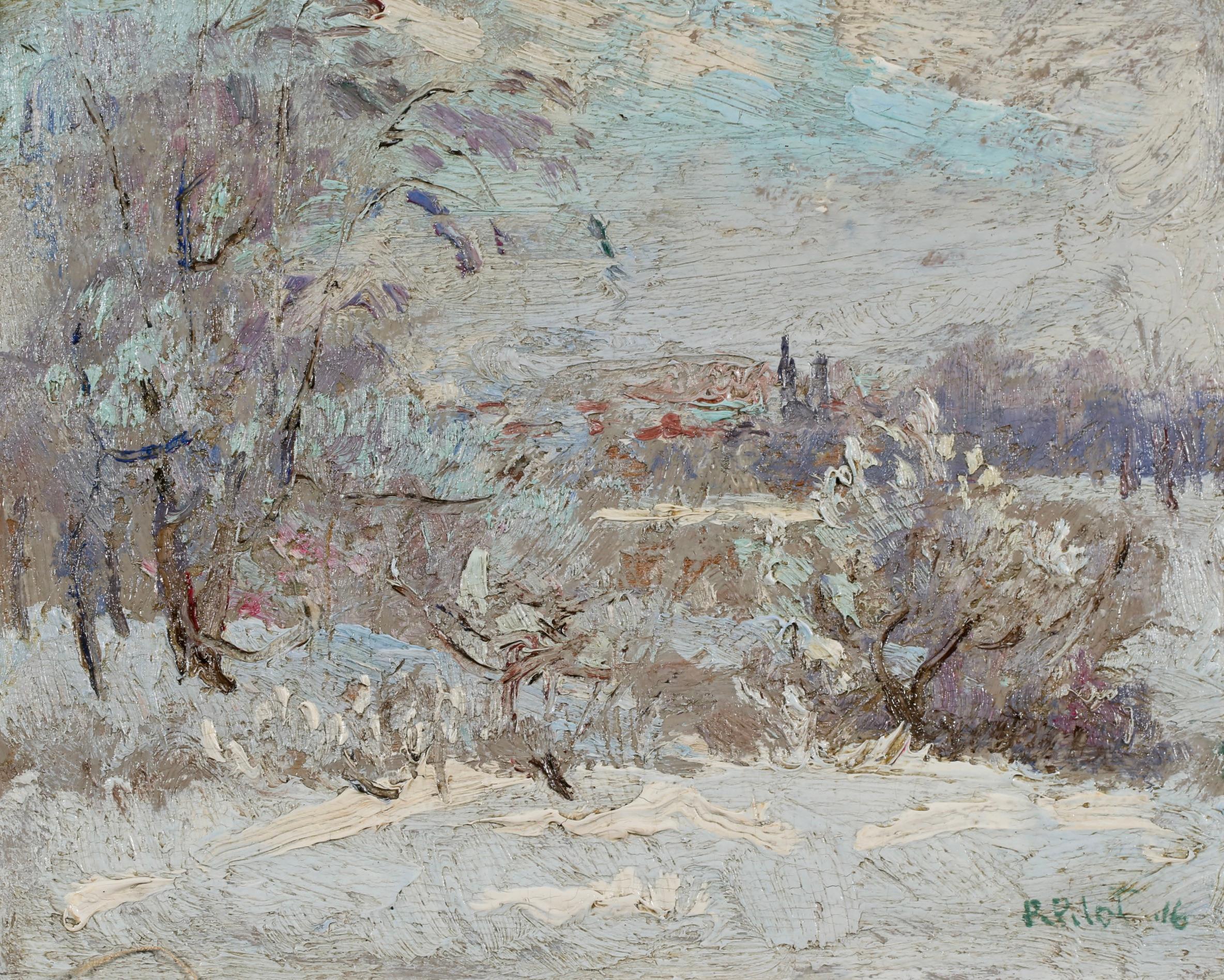 Signiert und datiert Öl auf Panel Landschaft von kanadischen impressionistischen Maler Robert Wakeham Pilot. Das Werk zeigt eine Ansicht der ländlichen Landschaft in Quebec, Kanada, im Winter. Die kahlen Bäume und der Boden sind mit einer weißen