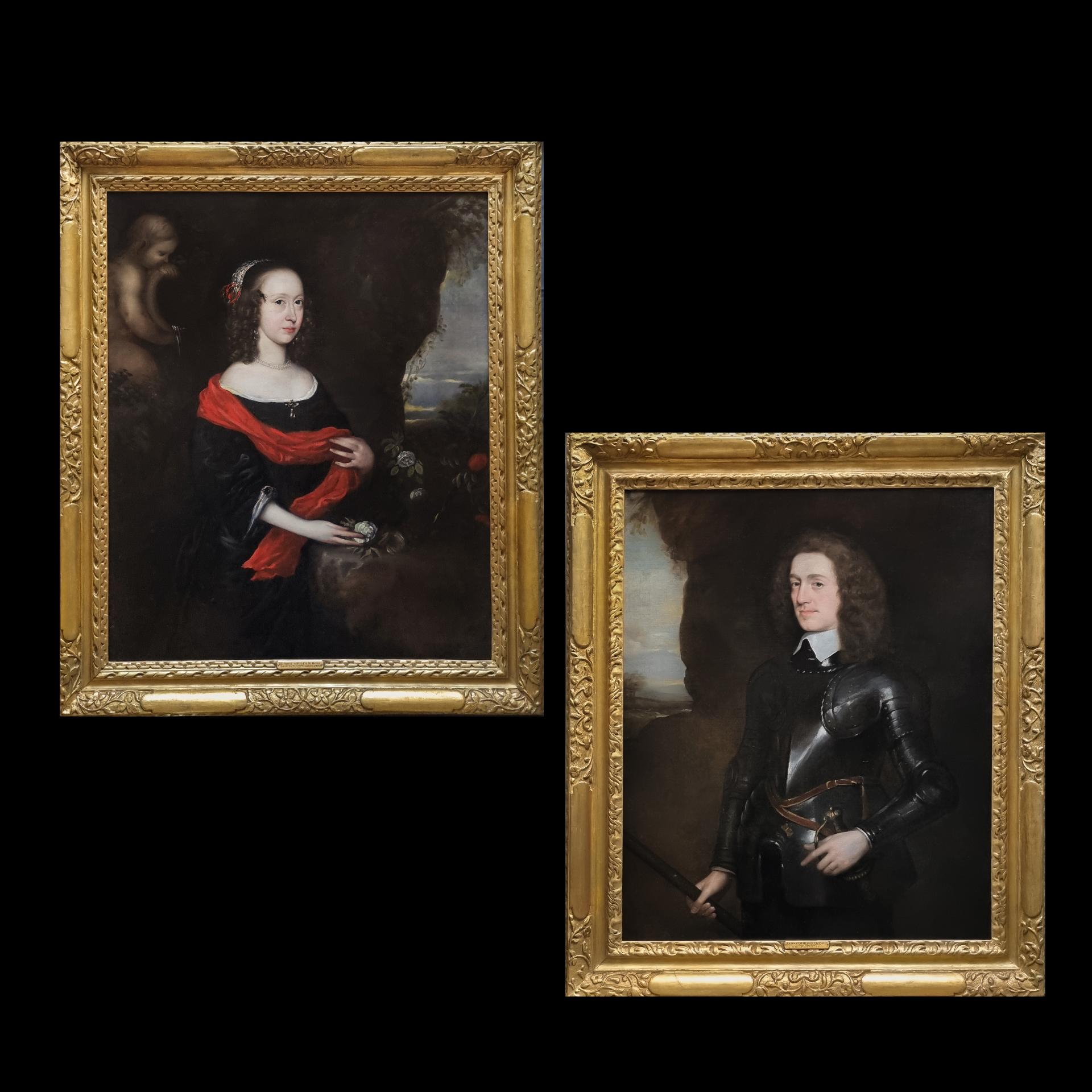 Pair (2) Portraits Gentleman & Lady, William & Rachel Helyar c.1656, Civil War - Painting by Robert Walker