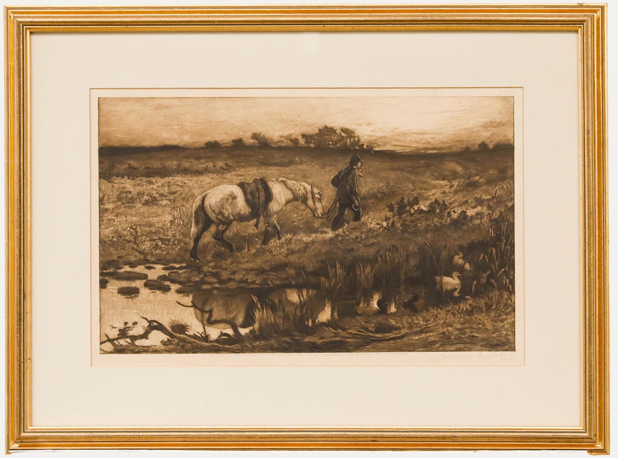 A horse is led through a rural landscape in this charming countryside scene by Robert Walker Macbeth RA RWS RE RI (1848-1910). Signed in graphite in the lower right. Well presented in a gilt-effect frame. On paper.