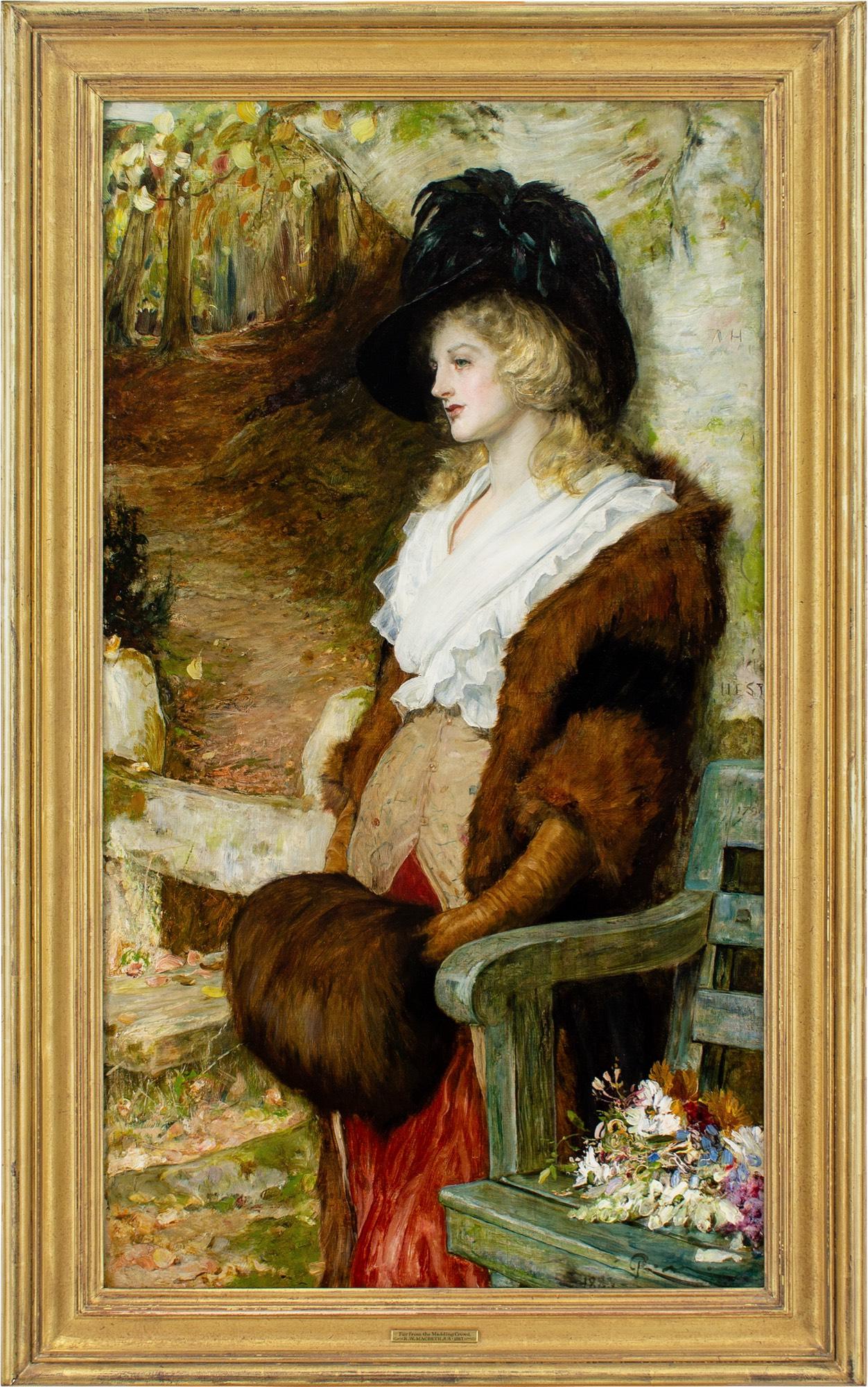 This spellbinding late 19th-century oil painting by Scottish artist Robert Walker Macbeth RA ROI RWS (1848-1910) depicts a young woman wearing a white pelerine and a jacket trimmed with fur while leaning against a tree by the entrance to a wood. It