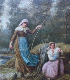 Portrait of Two Girls Stripping the Willow - Scottish Victorian art oil painting