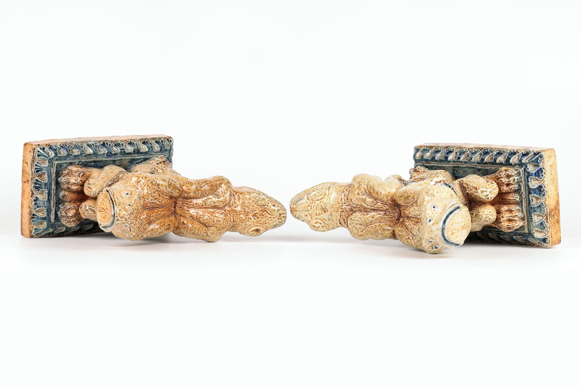 Late 19th Century Robert Wallace Martin for Martin Brothers Pair Stoneware Grotesque Andirons For Sale