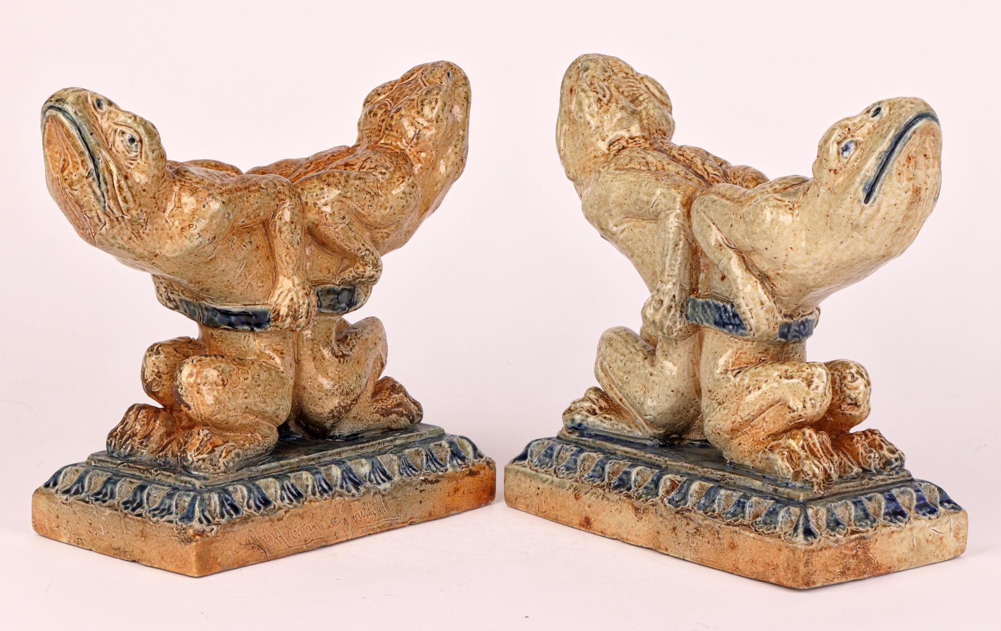 Robert Wallace Martin for Martin Brothers Pair Stoneware Grotesque Andirons In Good Condition For Sale In Bishop's Stortford, Hertfordshire