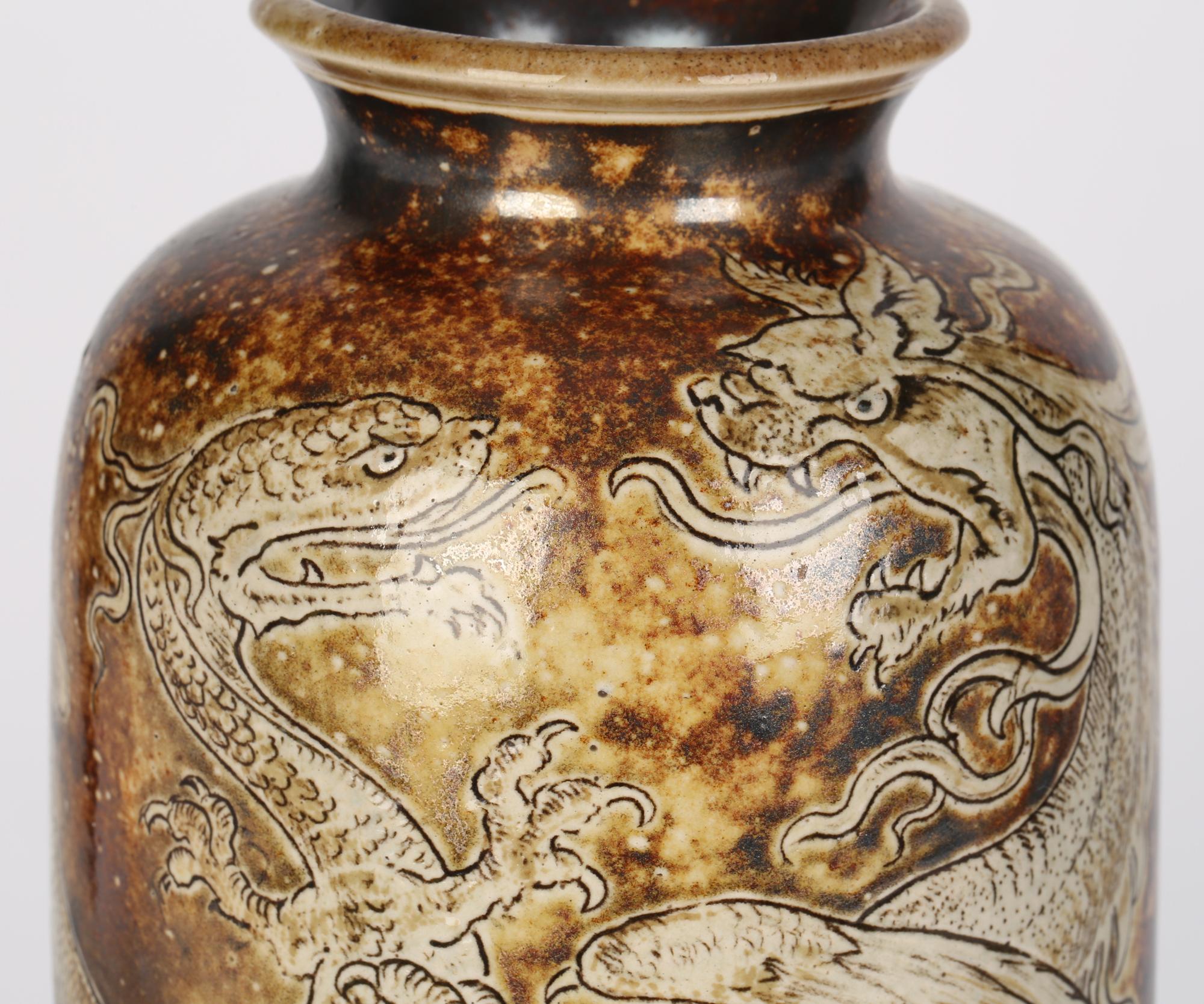 Robert Wallace Martin for Martin Brothers Stoneware Duelling Dragons Vase 1896 For Sale 4