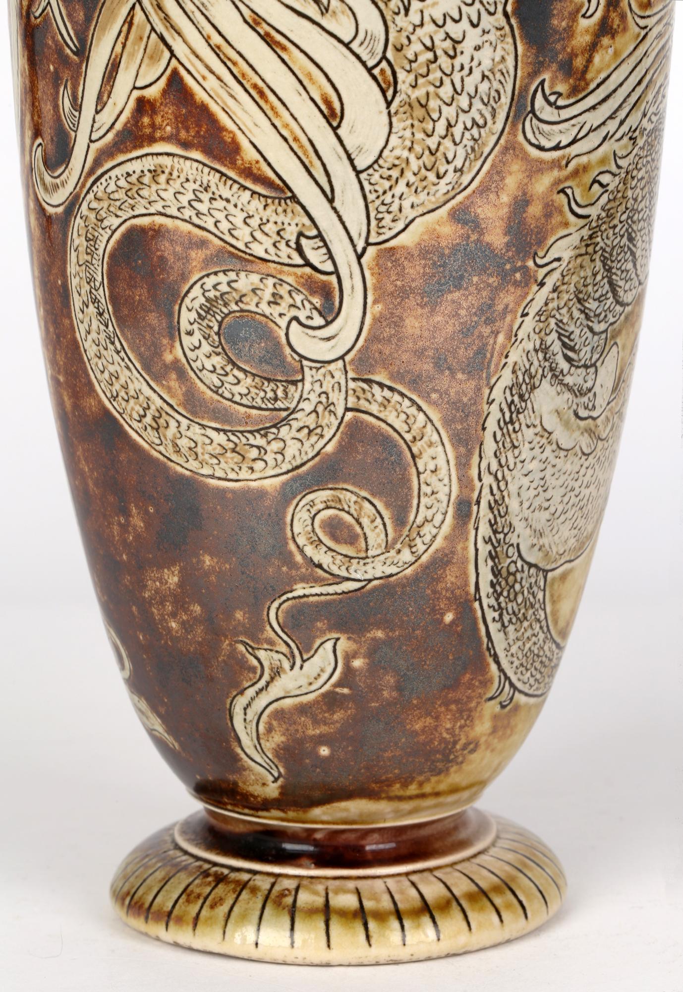 Arts and Crafts Robert Wallace Martin for Martin Brothers Stoneware Duelling Dragons Vase 1896 For Sale