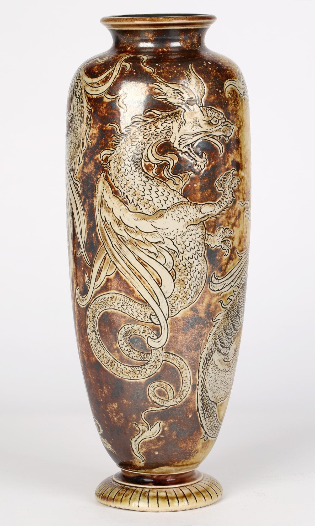English Robert Wallace Martin for Martin Brothers Stoneware Duelling Dragons Vase 1896 For Sale