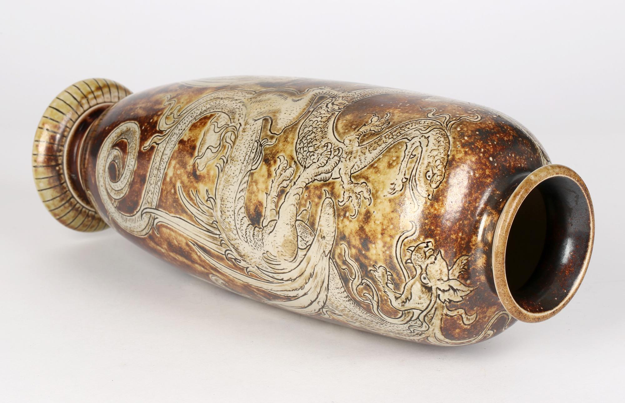 Glazed Robert Wallace Martin for Martin Brothers Stoneware Duelling Dragons Vase 1896 For Sale