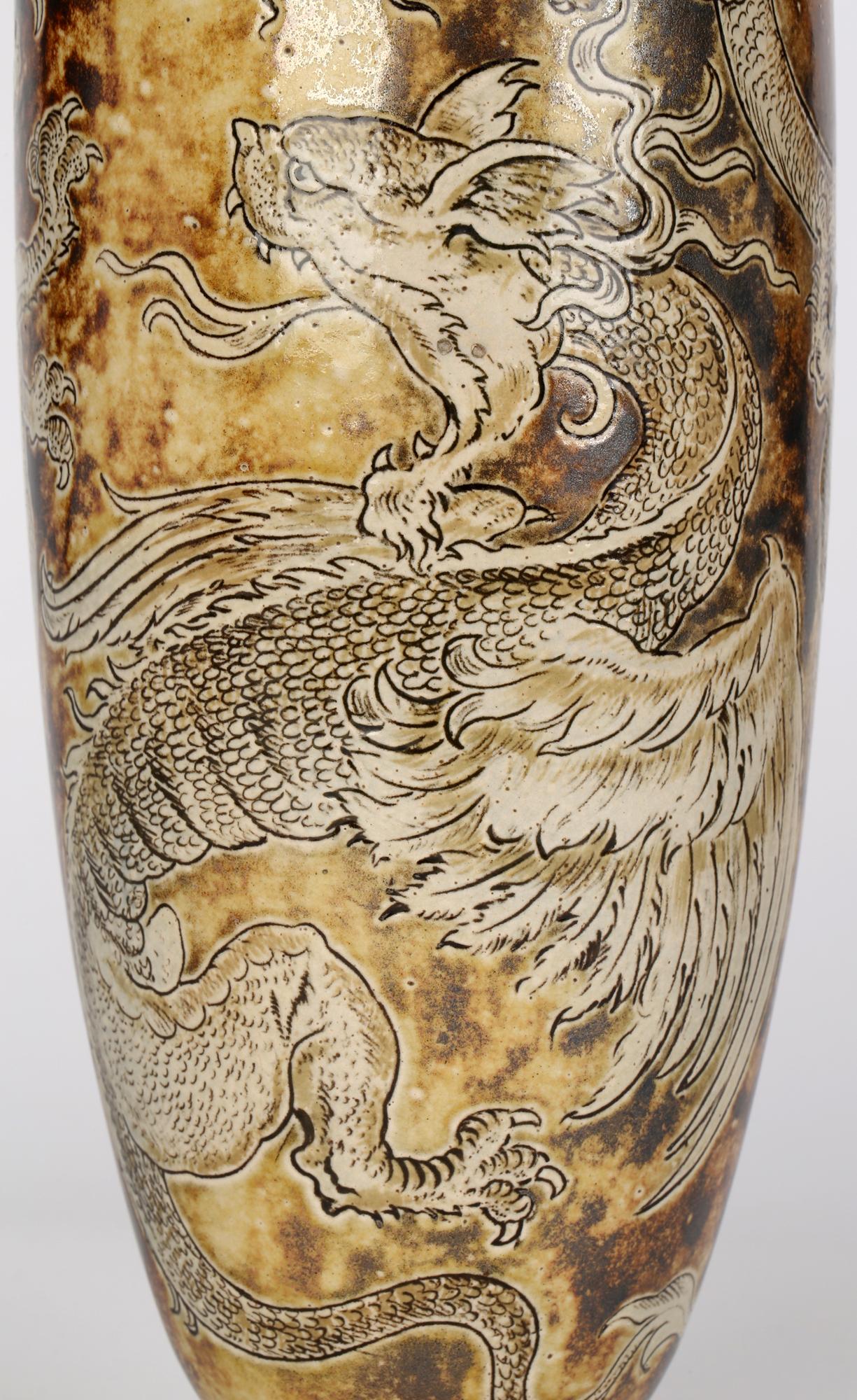 Hand-Crafted Robert Wallace Martin for Martin Brothers Stoneware Duelling Dragons Vase 1896 For Sale