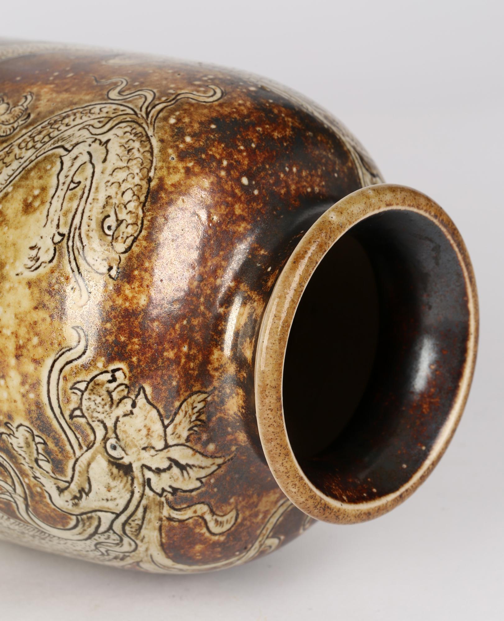Late 19th Century Robert Wallace Martin for Martin Brothers Stoneware Duelling Dragons Vase 1896 For Sale