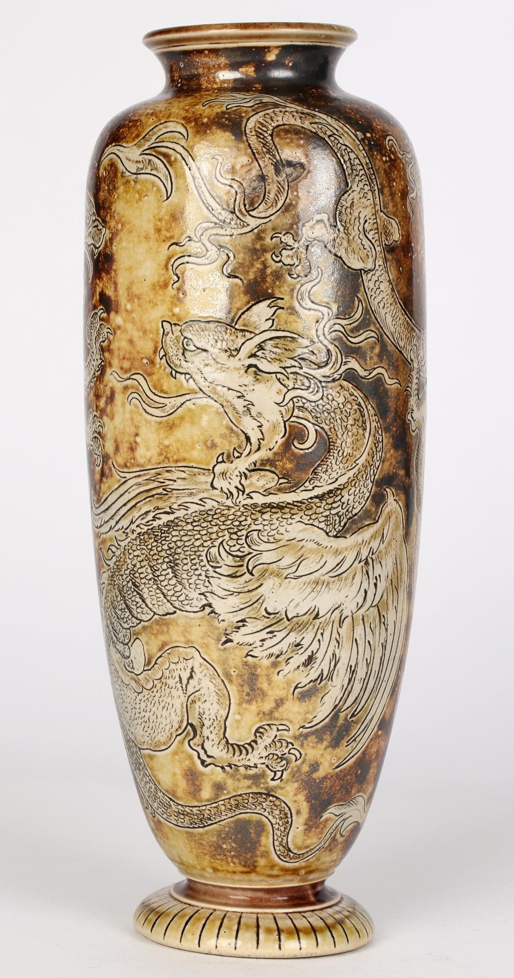 Robert Wallace Martin for Martin Brothers Stoneware Duelling Dragons Vase 1896 For Sale 1