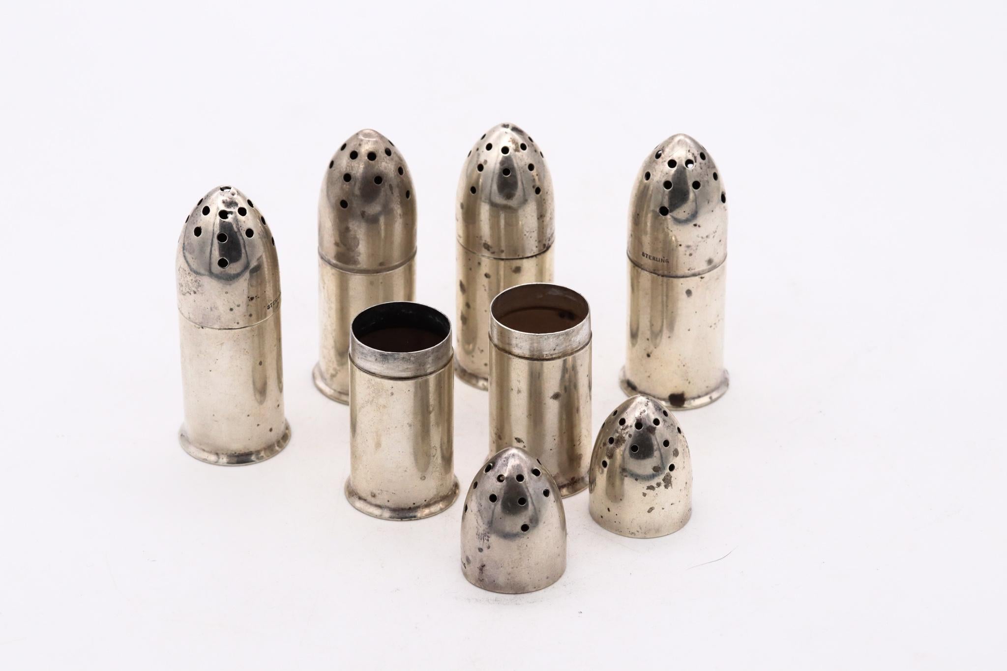 North American Robert Wallace & Sons Patriotic 1940 Bullet Salt and Pepper Set in .925 Sterling For Sale