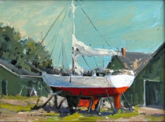 "Beatons Boat Yard, Summer Breeze" Nautic Landscape Oil Painting on Board Framed