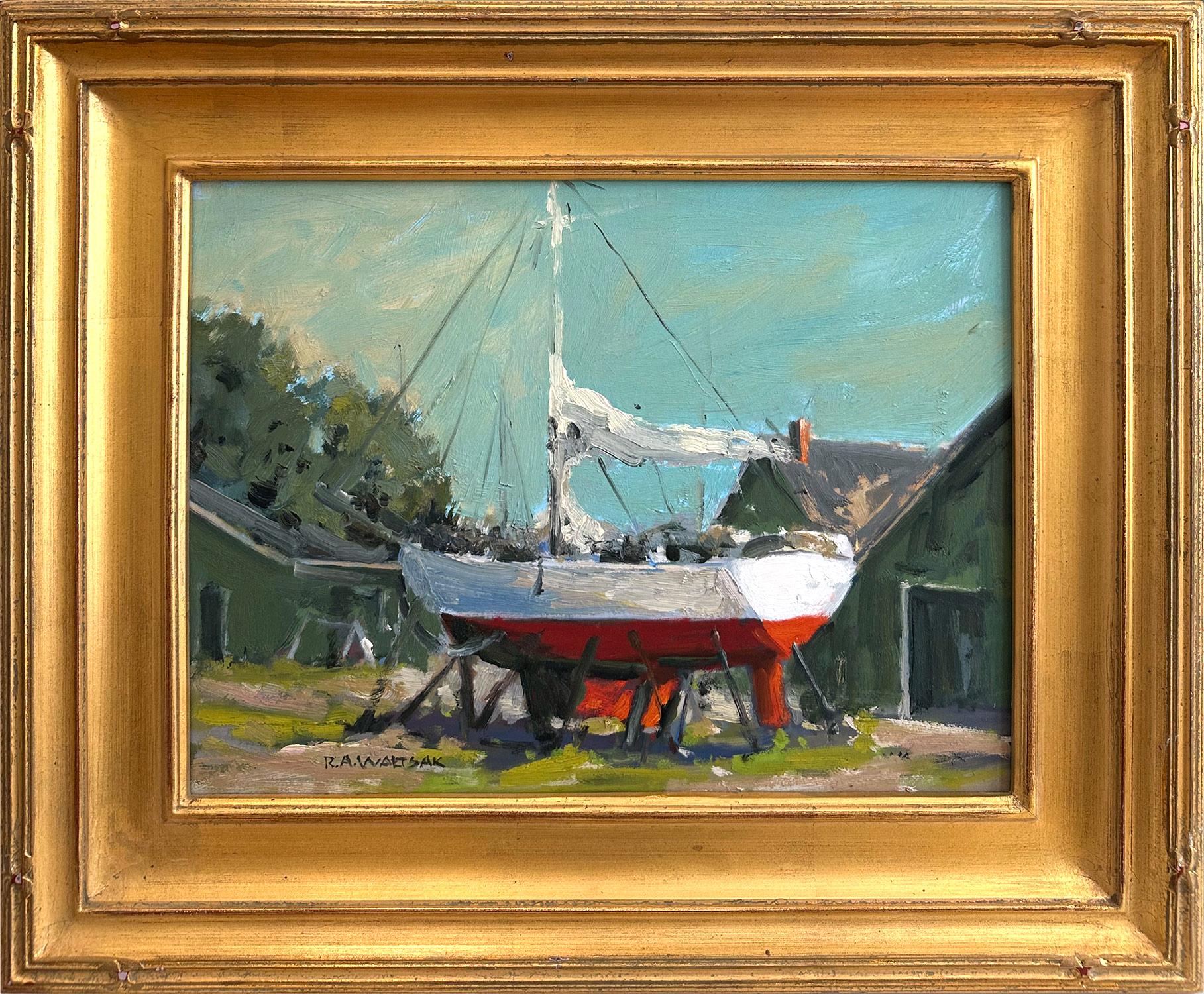 Robert Waltsak Landscape Painting - "Beatons Boat Yard, Summer Breeze" Nautic Landscape Oil Painting on Board Framed