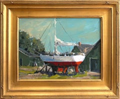 "Beatons Boat Yard, Summer Breeze" Nautic Landscape Oil Painting on Board Framed