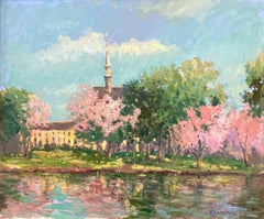 « Cherry Blossoms in Spring », peinture à l'huile de paysage colorée sur toile encadrée
