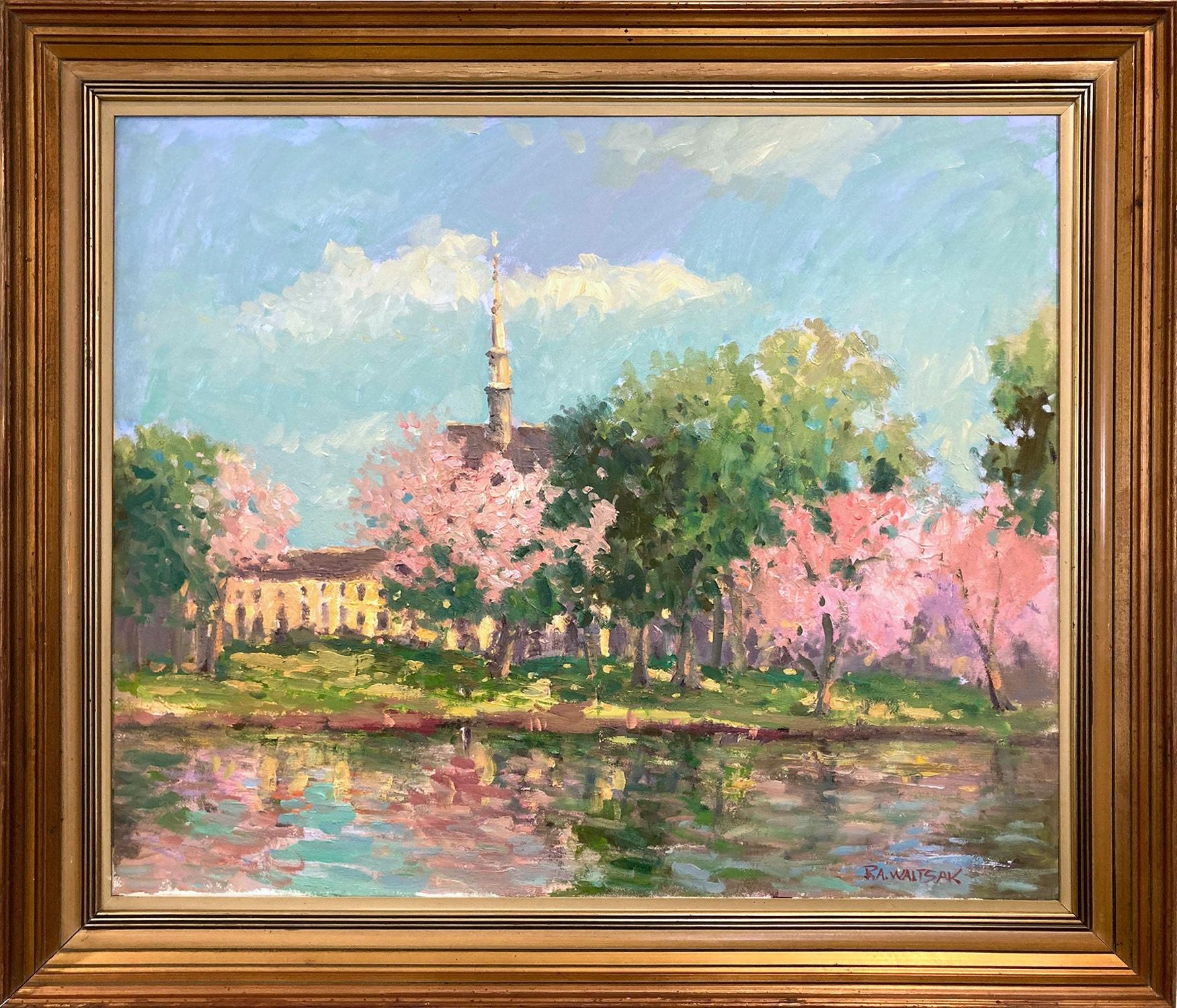 Landscape Painting de Robert Waltsak - "Cerezos en flor en primavera" Colorido paisaje Pintura al óleo sobre lienzo Enmarcado
