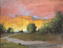 Peinture impressionniste à l'huile sur toile "Country Side Sunset Near the Lake" encadrée