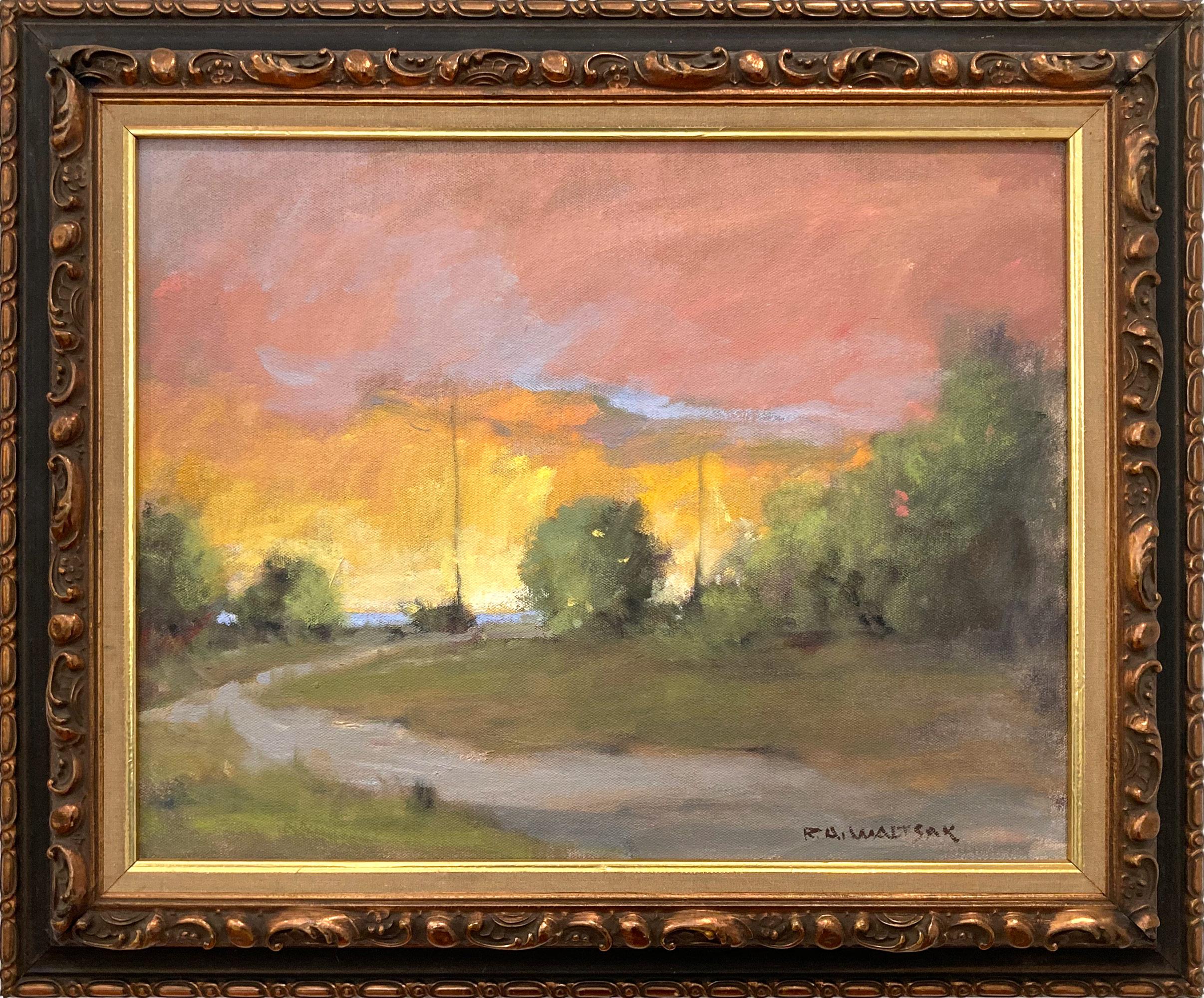 Landscape Painting Robert Waltsak - "Country Side Sunset Near the Lake" Impressionist Oil Painting on Canvas Framed