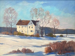 "Farmhouse in Winter" Impressionist Landscape Scene Oil Painting on Board Framed