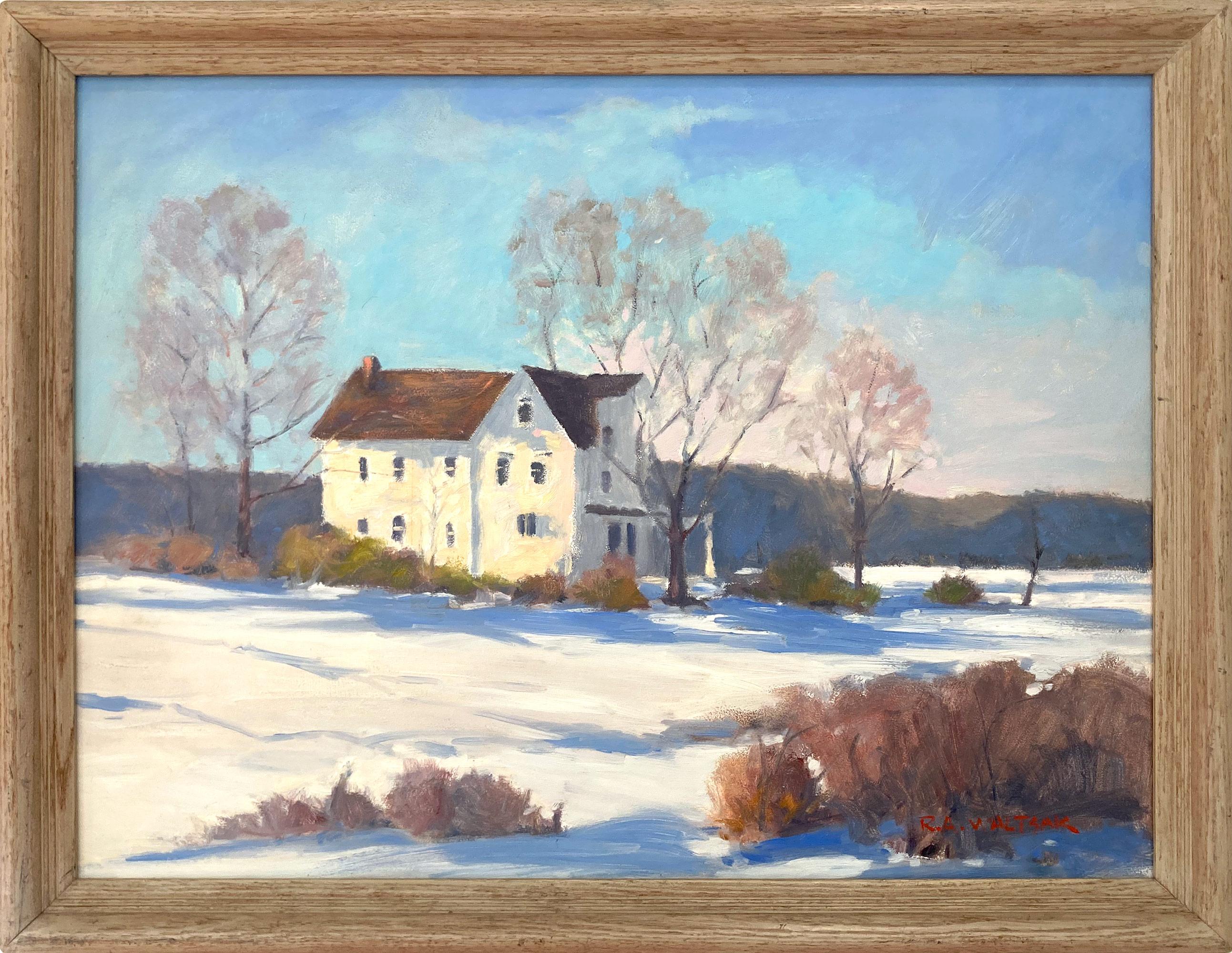 "Farmhouse in Winter" Impressionist Landscape Scene Oil Painting on Board Framed