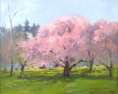 "Primera floración" Colorido paisaje de cerezos en flor Pintura al óleo sobre lienzo Enmarcado