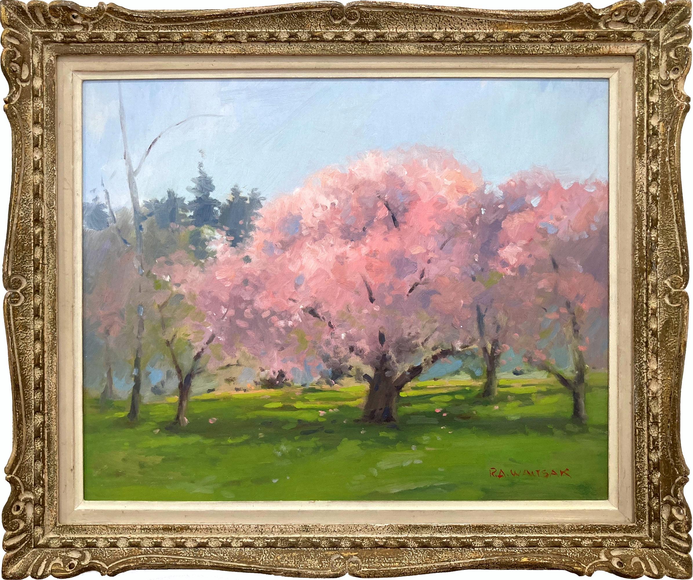 Robert Waltsak Landscape Painting – "Erste Blüte" Bunte Kirschblütenlandschaft Ölgemälde auf Leinwand Gerahmt