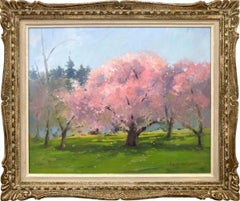 Robert Waltsak - "First Bloom" Colorful Cherry Blossom Landscape Oil Painting on Canvas Framed "First Bloom" Colorful Cherry Blossom Landscape Oil Painting on Canvas Framed
