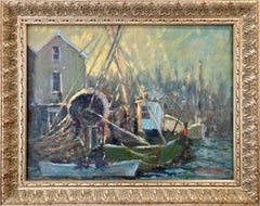 "Harbor Scene" American Nautical Landscape Oil Painting on Canvas Framed